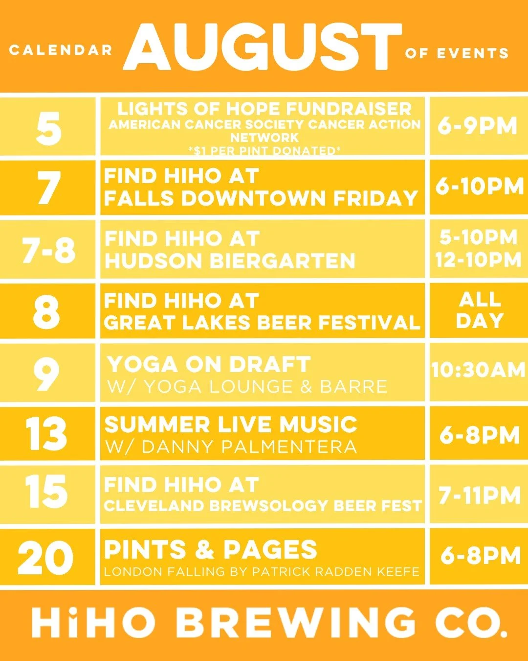 WELCOME TO AUGUST!☀️

Here is a look at our upcoming events:

🩵 Wednesday, August 5th - Lights of Hope Fundraiser with @acscan
🍻 Friday, August 7th - Find HiHO at Falls Downtown Friday
🍻 Friday, August 7th - Saturday, August 8th - Find HiHO at Hud