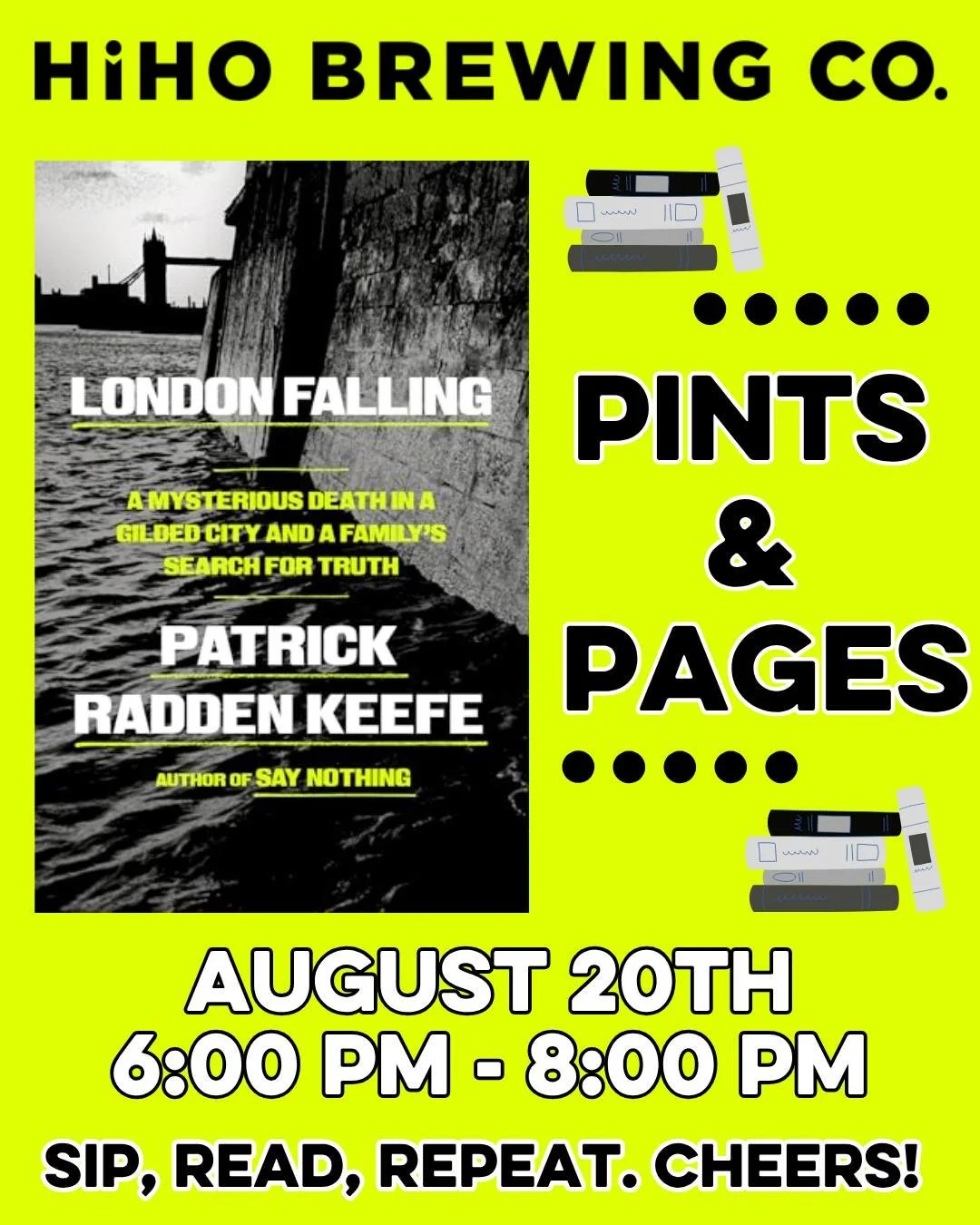 Thank you to everyone who came to last month's Pints &amp; Pages meet up!📚 

Join us next Thursday, August 20th from 6-8pm to discuss London Falling by Patrick Redden Keefe. 

Haven't read or finished this book yet? No worries! Come down anyway. Gra