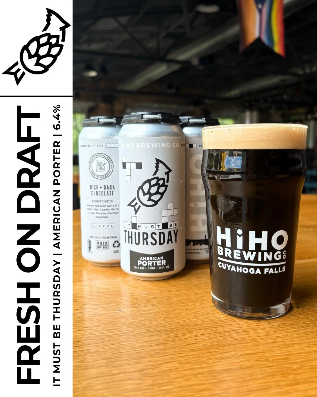 It Must Be Thursday!🍻

Fresh On Draft &amp; in 4-packs, this American Porter has an upfront dark roast followed by a dry malty finish. 

It is a perfect Porter for your Thursday afternoon crossword✍️

See you in the taproom!
Taproom Hours: 
Wed &amp