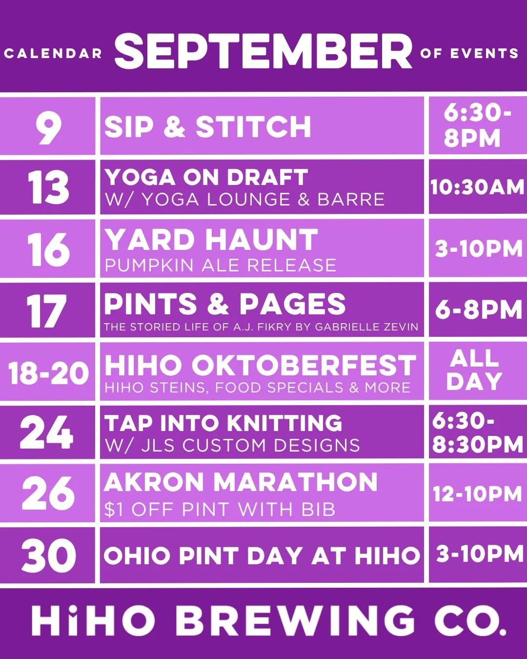 IT'S SEPTEMBER!🍂

Here is a look at our upcoming events: 

🧶 Wednesday, September 9th - The return of Sip &amp; Stitch!
🙏 Sunday, September 13th - @yogaondraft with @yogaloungehudson
🎃 Wednesday, September 16th - Yard Haunt Pumpkin Ale Release
📚
