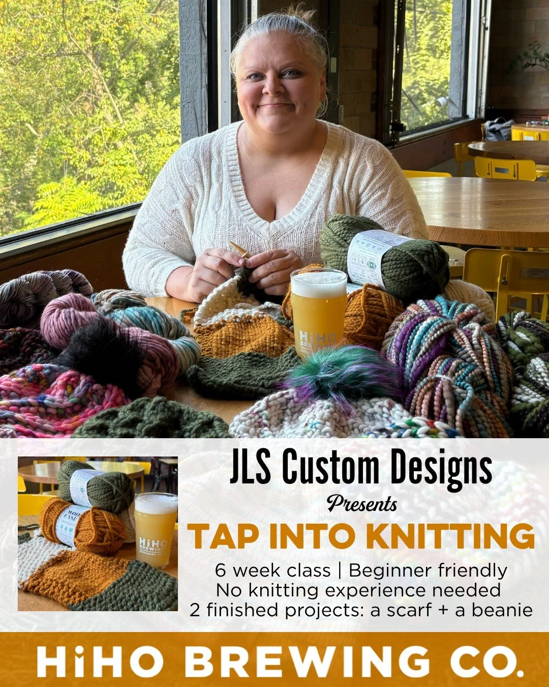 TAP INTO KNITTING with @jlscustomdesignsart at HiHO!🍻🧶

Ever wanted to knit your own scarf and hat but got stuck at "cast on"? This is the class for you!

Over 6 laid-back weeks at HiHO, you'll go from total beginner to finishing TWO hand
