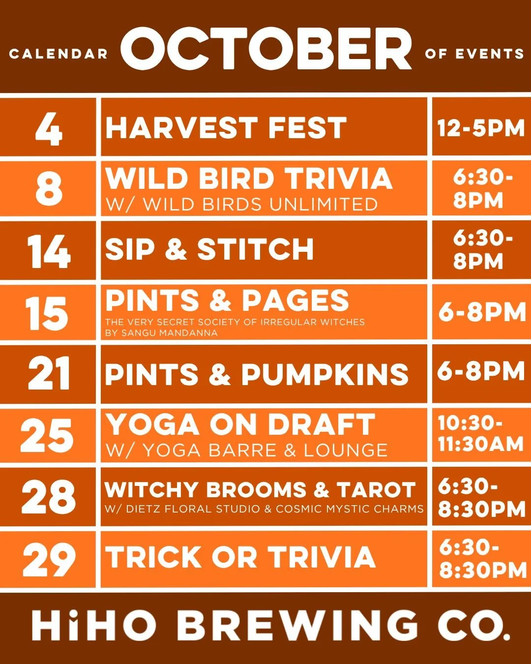 It's OCTOBER🎃

Here is a look at our upcoming events!

🍂 Sunday, October 4th - Harvest Fest
🐦 Thursday, October 8th - Wild Bird Trivia with @wbucuyahogafalls
🧶 Wednesday, October 14th - Sip &amp; Stitch 
📚 Thursday, October 15th - Pints &amp; Pa