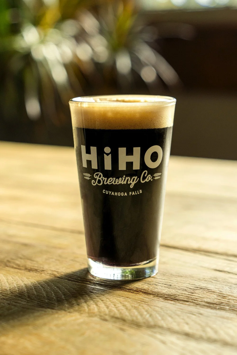 A glass of dark stout beer with a frothy head, on a wooden surface, with a blurred background of green plants.