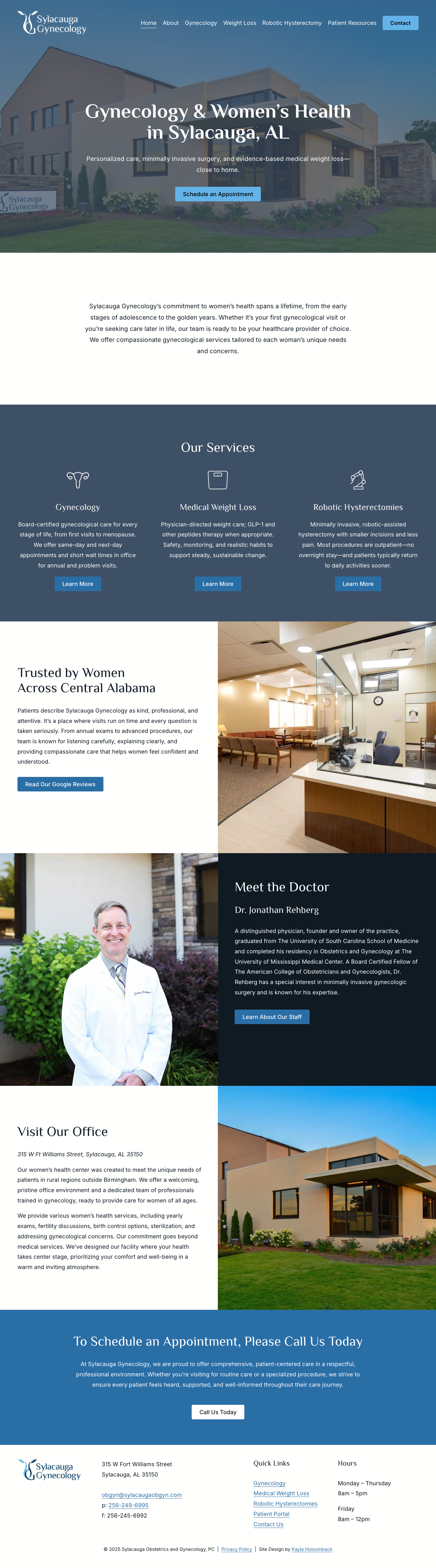 Screenshot of Sylacauga Gynecology's website homepage featuring a building, service descriptions, a doctor photo, and office images.
