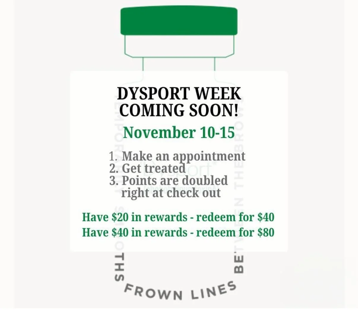 💉✨ It&rsquo;s almost Dysport Week &mdash; and it&rsquo;s DOUBLE the rewards! ✨💉

From November 10&ndash;15, when you get a Dysport treatment, the Aspire Rewards program will MATCH your points dollar-for-dollar at checkout! 🙌

That means:
💰 Have $