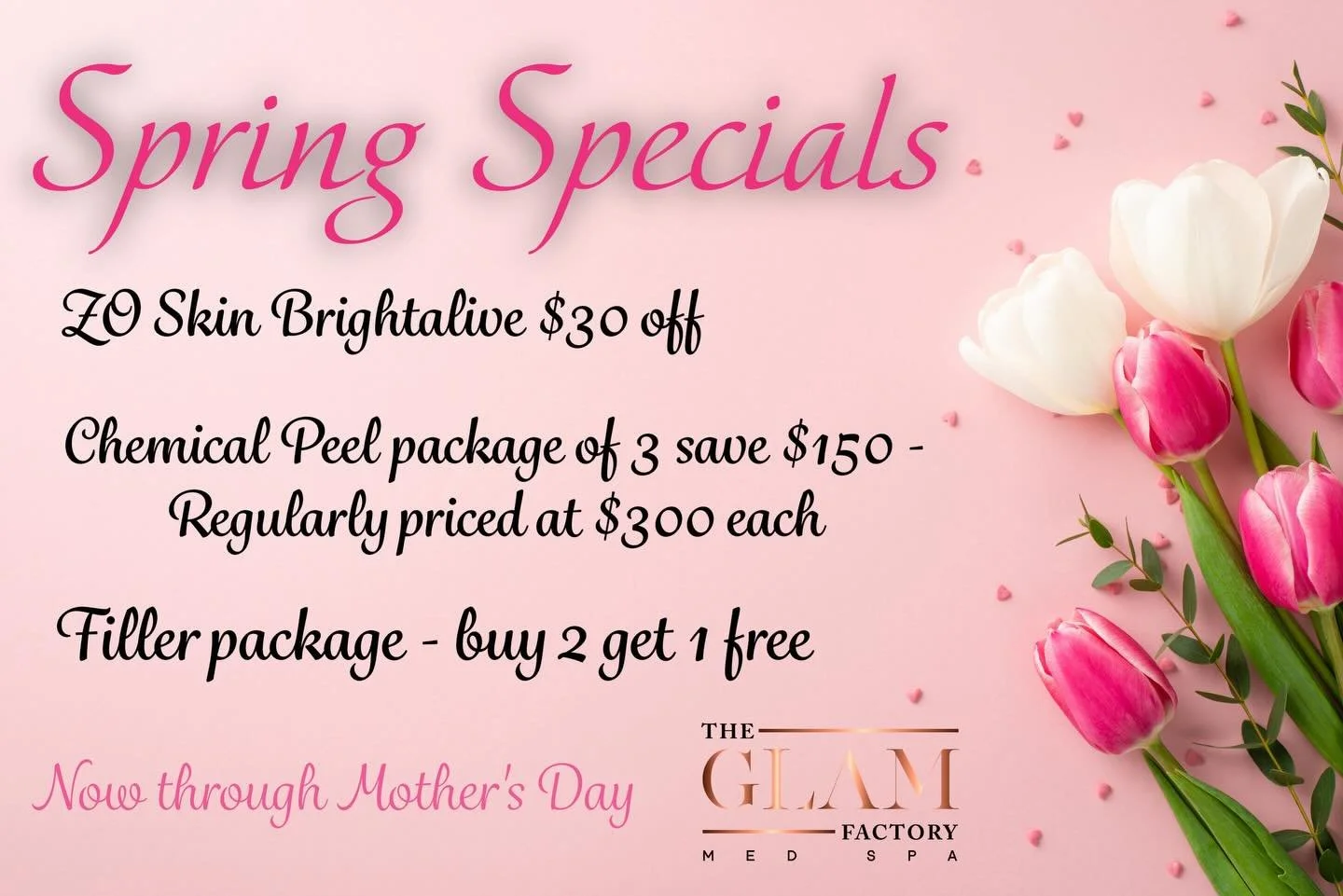 Hello (almost) spring, hello glow! ✨

It&rsquo;s the perfect season to brighten, refresh, and rejuvenate your skin.  Let&rsquo;s get ready for Easter, Mother&rsquo;s Day, and all the fun that spring brings! 💐

Take advantage of the 𝓢𝓹𝓻𝓲𝓷𝓰 𝓢𝓪