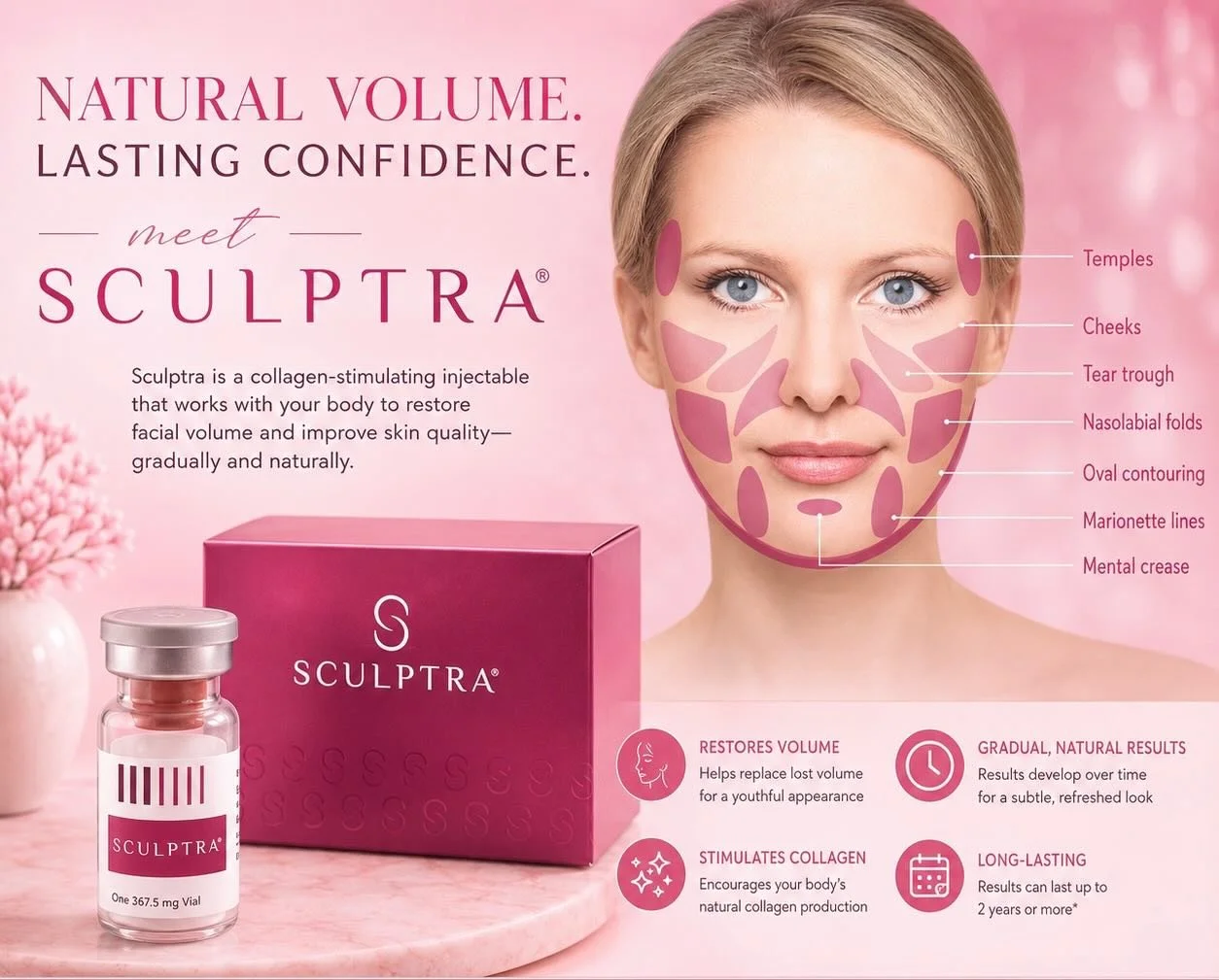 Restore Volume. Rebuild Confidence.

Looking for natural-looking rejuvenation that gets better over time? Meet Sculptra, the collagen-stimulating injectable designed to gradually restore facial volume and improve skin quality from within.

Unlike tra