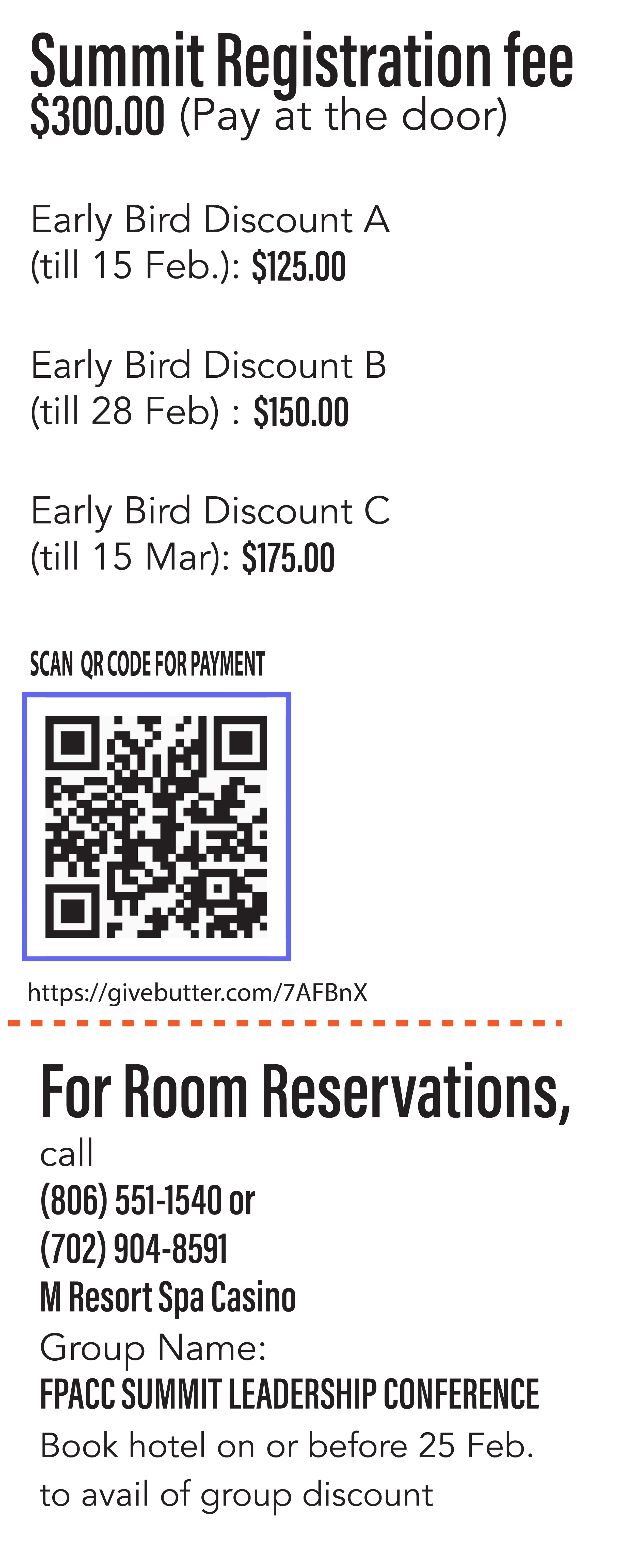 Details of a conference registration fee with early bird discounts and a QR code for payment, along with reservation contact info for a hotel and group booking details.