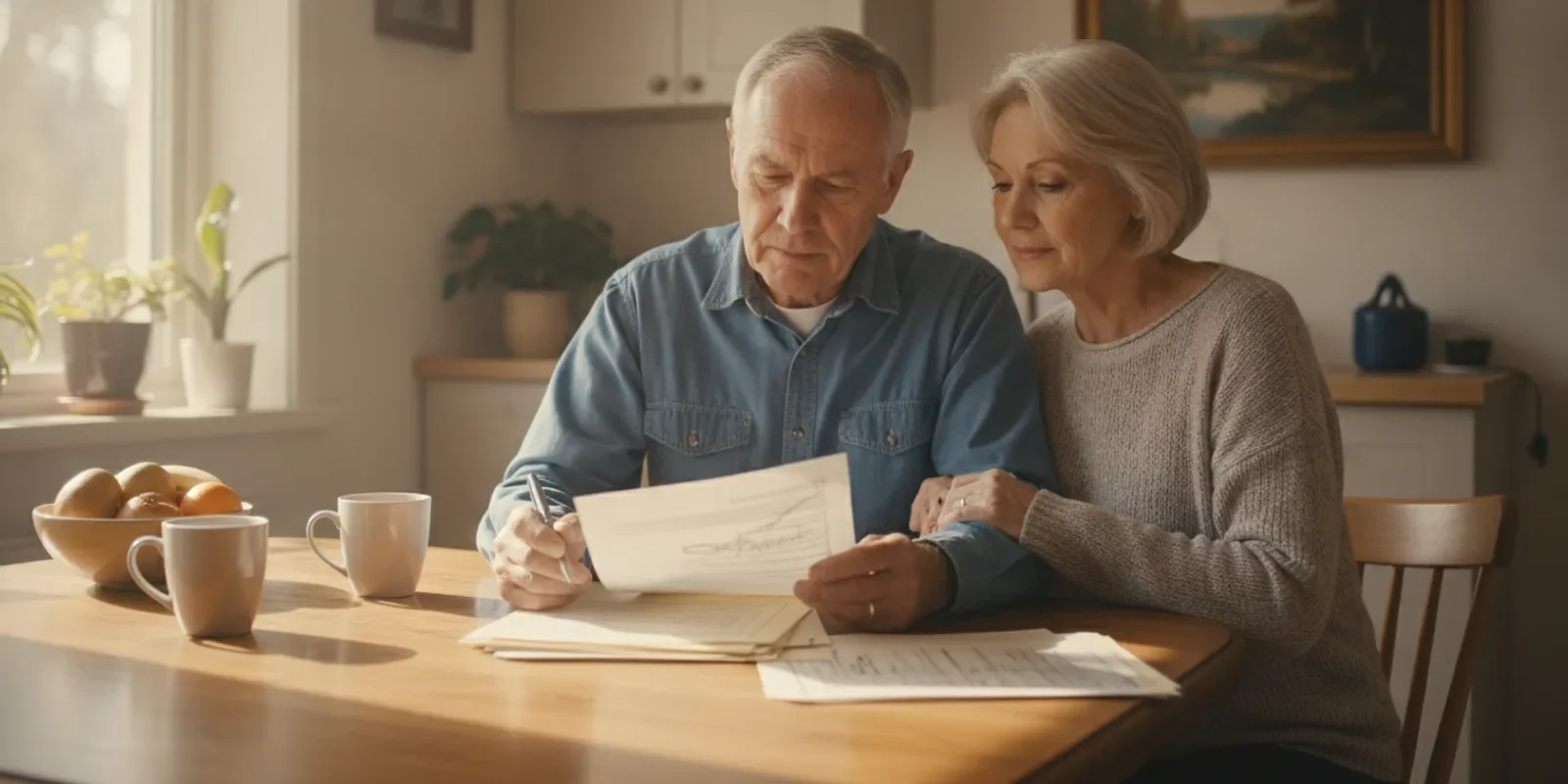 Retired couple reviewing household finances and life insurance papers at home