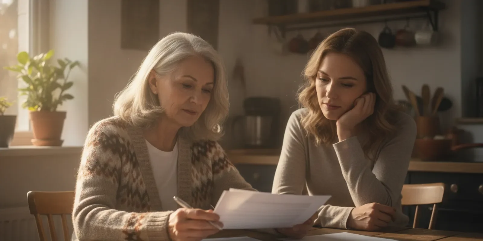 Older adult reviewing a life insurance policy with a family member at a kitchen table