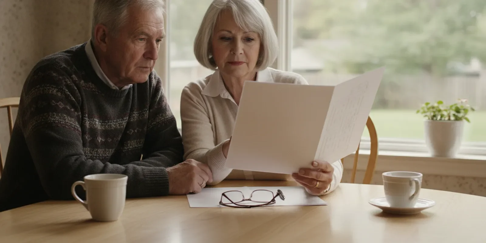 Older adult reviewing life insurance paperwork at a kitchen table