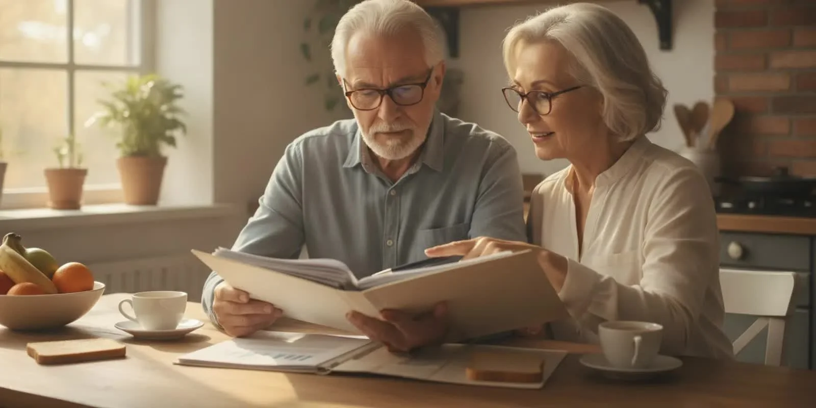 Retired couple reviewing a life insurance policy and retirement papers at home