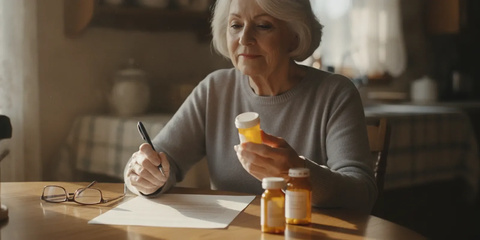 Senior reviewing prescription bottles and a drug plan document at a bright kitchen table