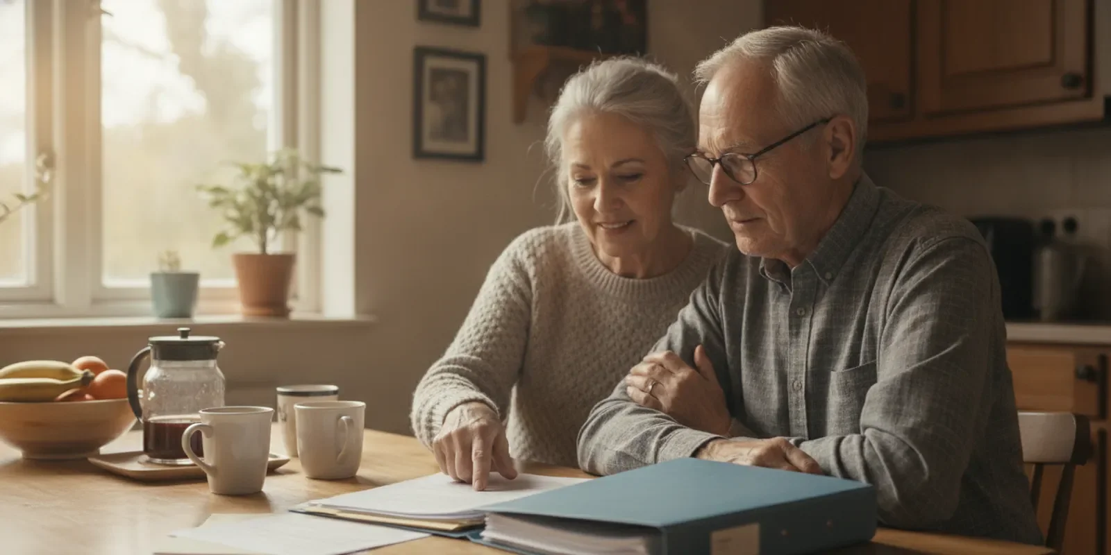 Older couple reviewing home sale papers beside a life insurance folder at their kitchen table