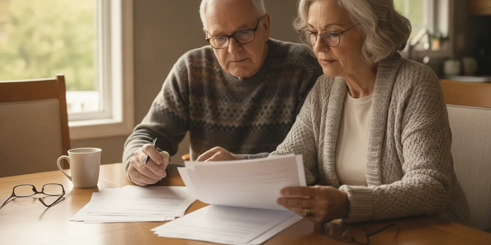 Retired couple reviewing life insurance paperwork at a home table.