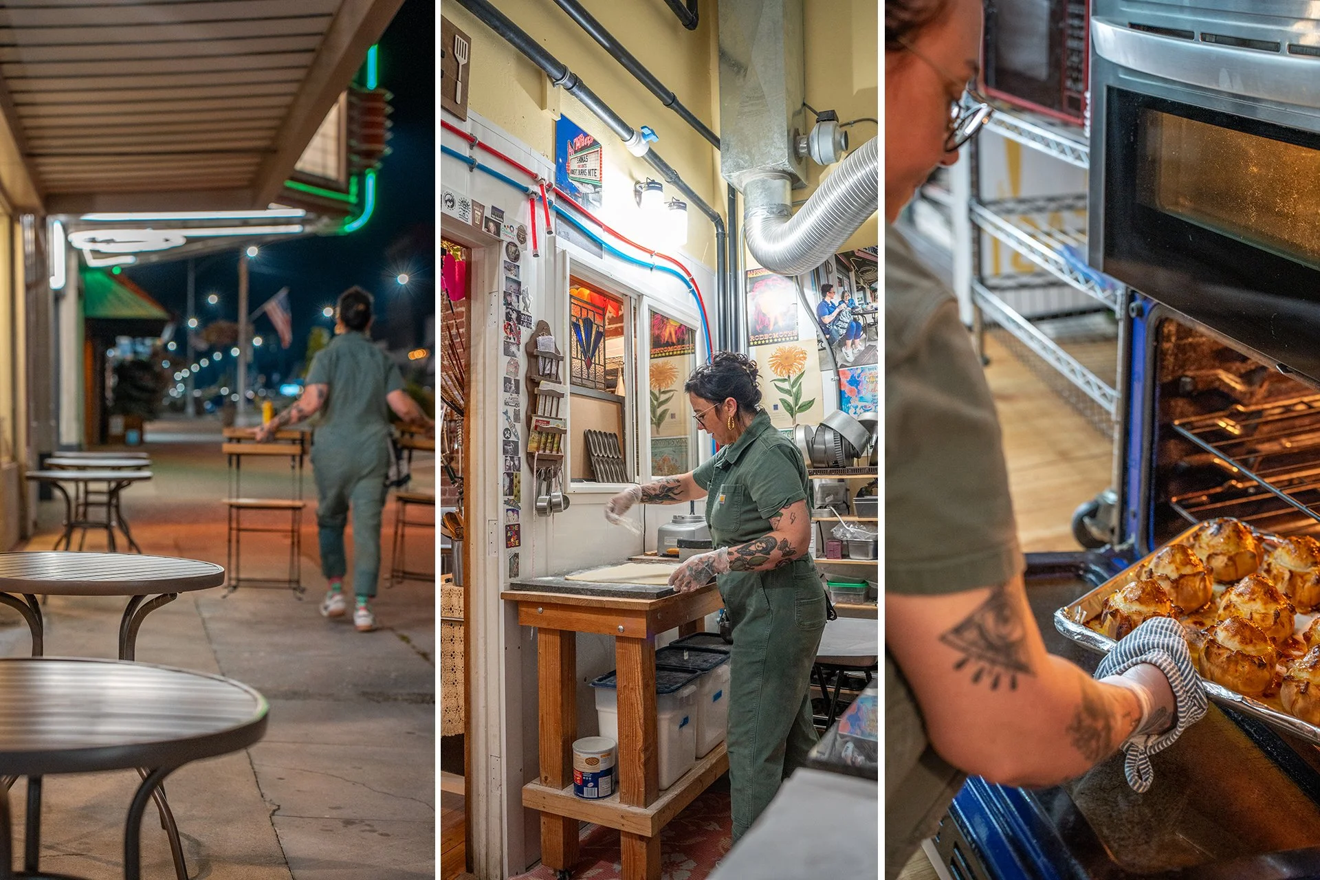 Three images showing a woman in a green jumpsuit setting tables and chairs up outside a cafe in the dark, tossing flour on a pie crust, and pulling pies out of an oven.