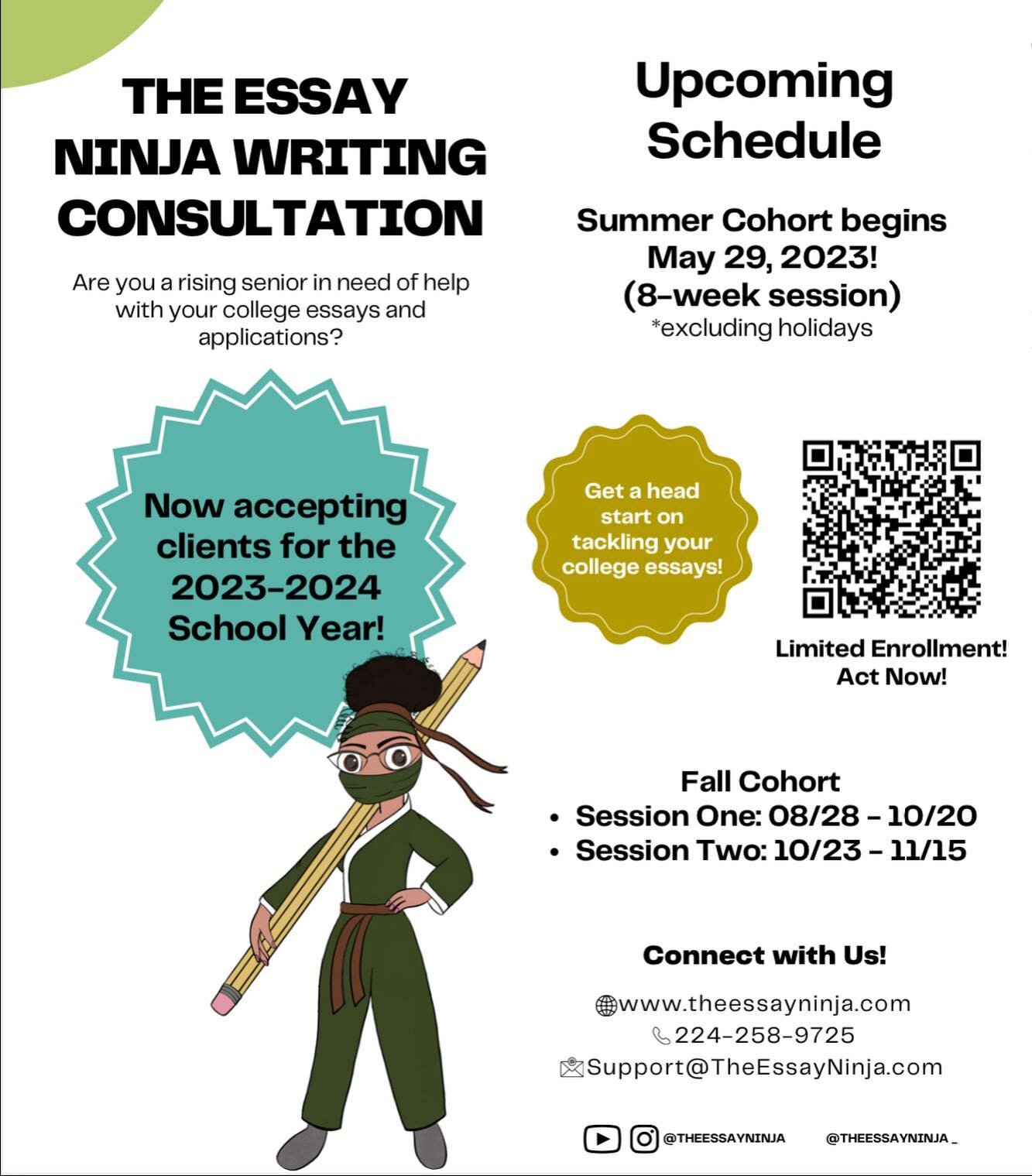 Are you a soon-to-be rising senior? Do you need help crafting your college admission essays? 🤔

🚨 Sign up for our 8-Week Intensive Summer Program! 🚨

We will assist students with developing cohesive and compelling essays, activities, and honors li