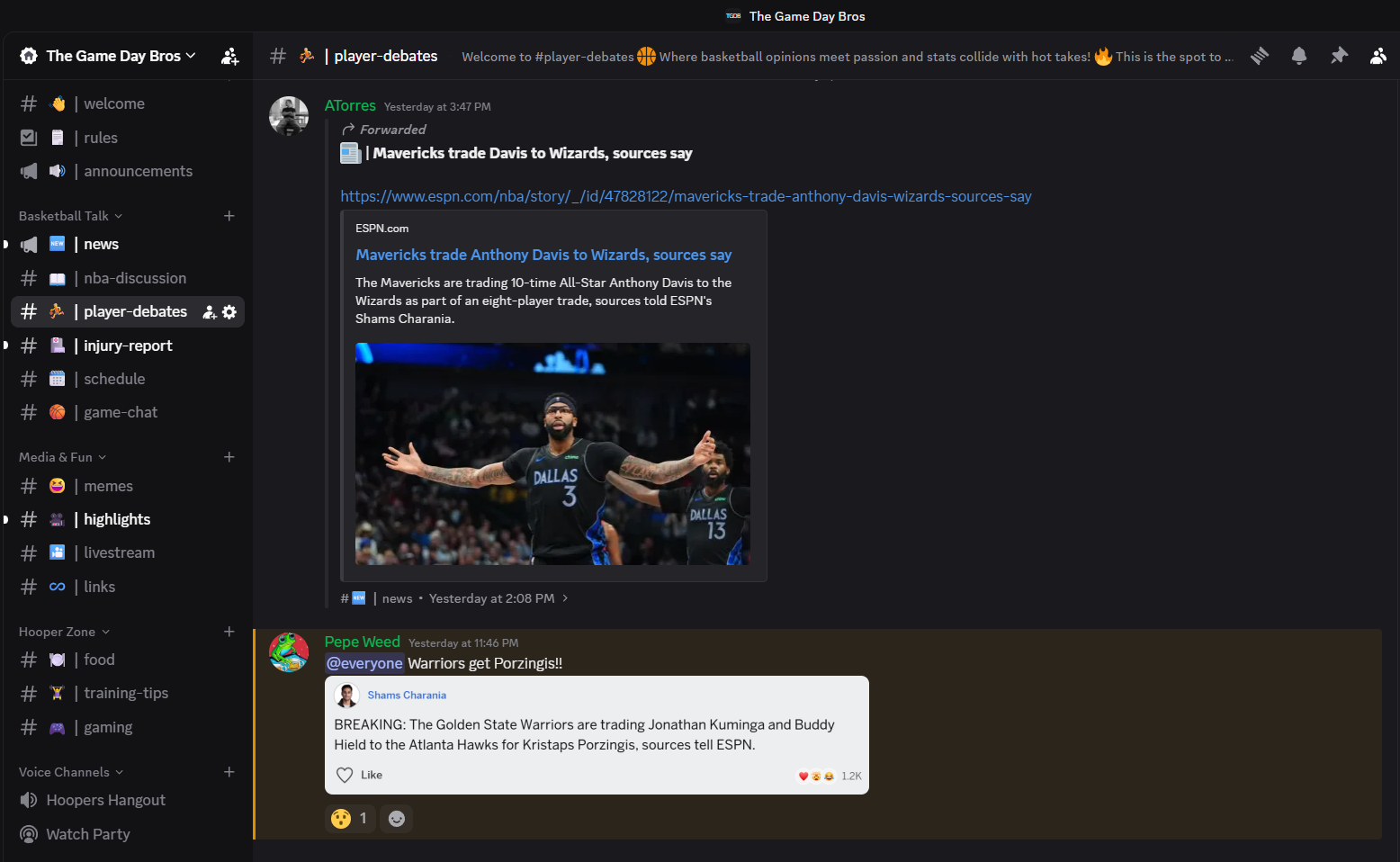 Screenshot of a Slack workspace titled 'The Game Day Bros', showing channels on the left, a shared news article about NBA trade news in the main chat, and a message from Pepe Weed mentioning warriors and Porzingis.