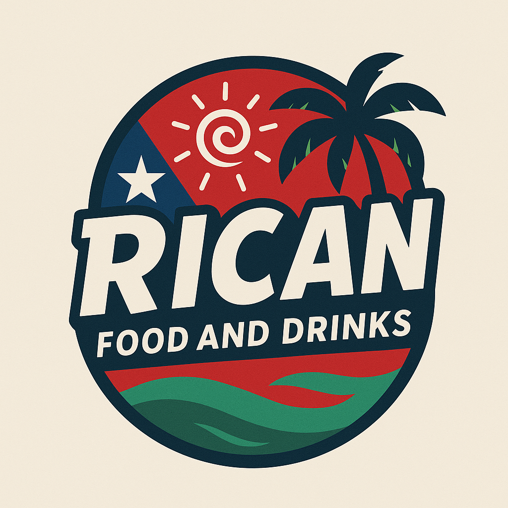 Logo for Rican Food and Drinks featuring a stylized sun, palm tree, and ocean waves design with bold text.