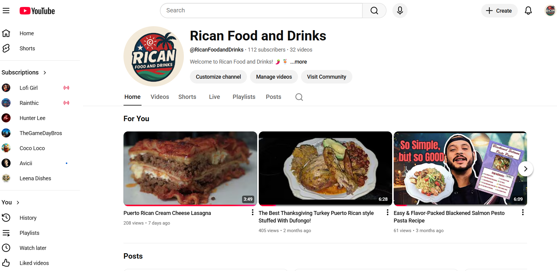 YouTube channel page for Rican Food and Drinks featuring three videos: Puerto Rican cream cheese lasagna, Thanksgiving style stuffed turkey, and blackened salmon pesto pasta.