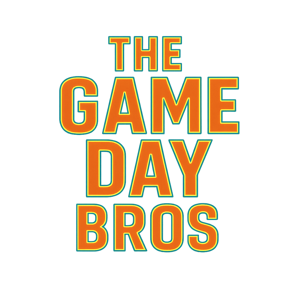 Colorful text graphic that says ''The Game Day Bros'' with a bright, bold font and a retro style.