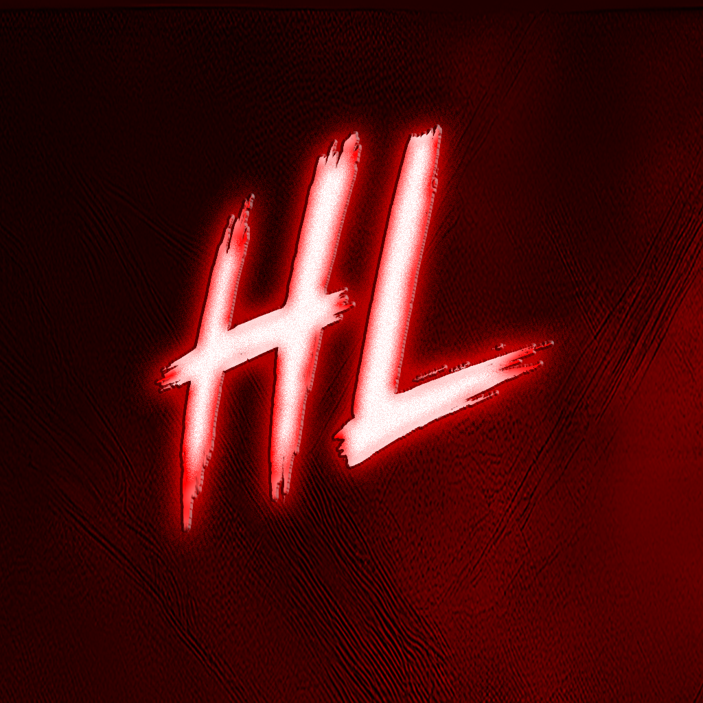 Neon red illuminated 'HL' initials set against a dark red textured background.