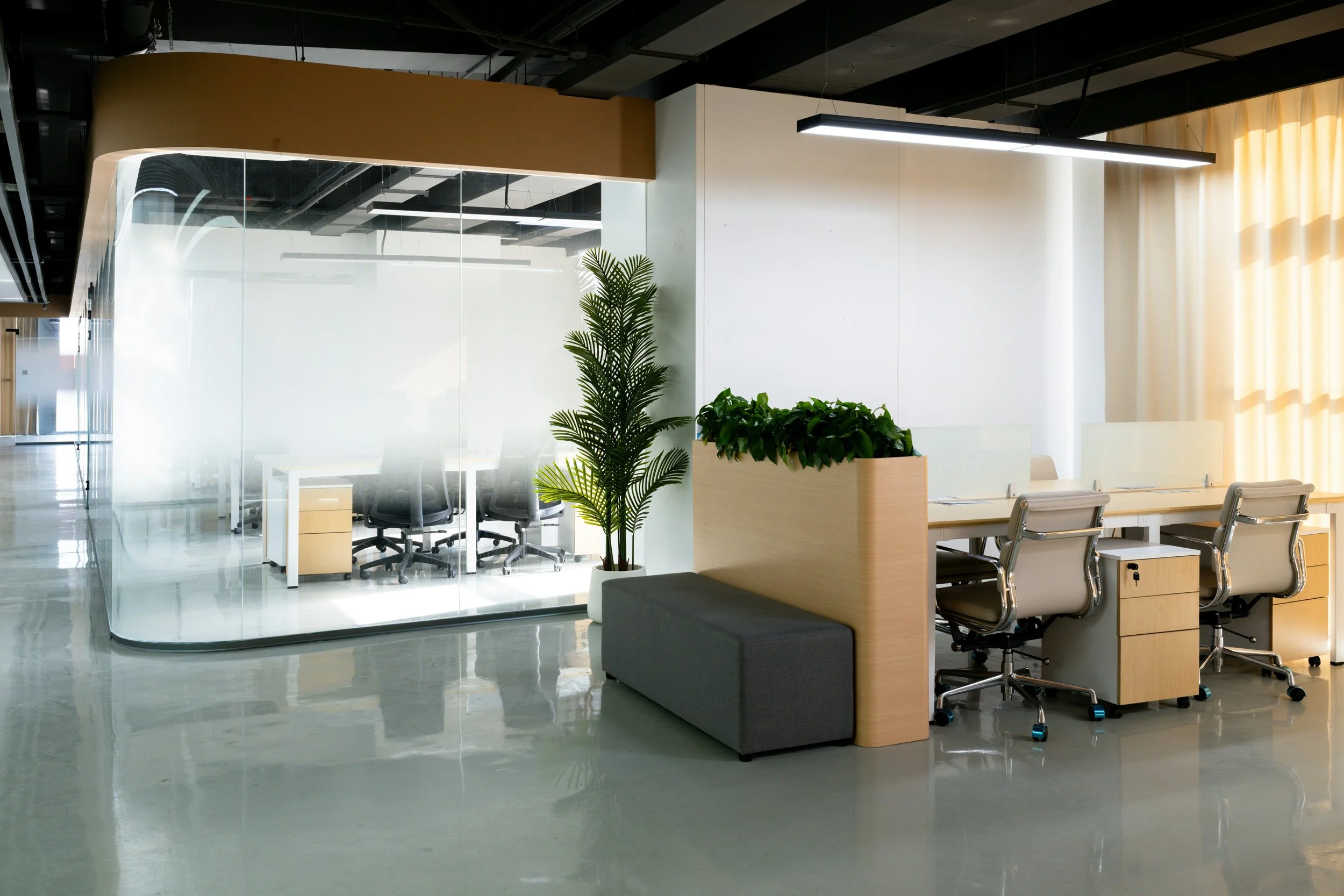 Modern office space with glass-walled meeting room, desks, chairs, and plants
