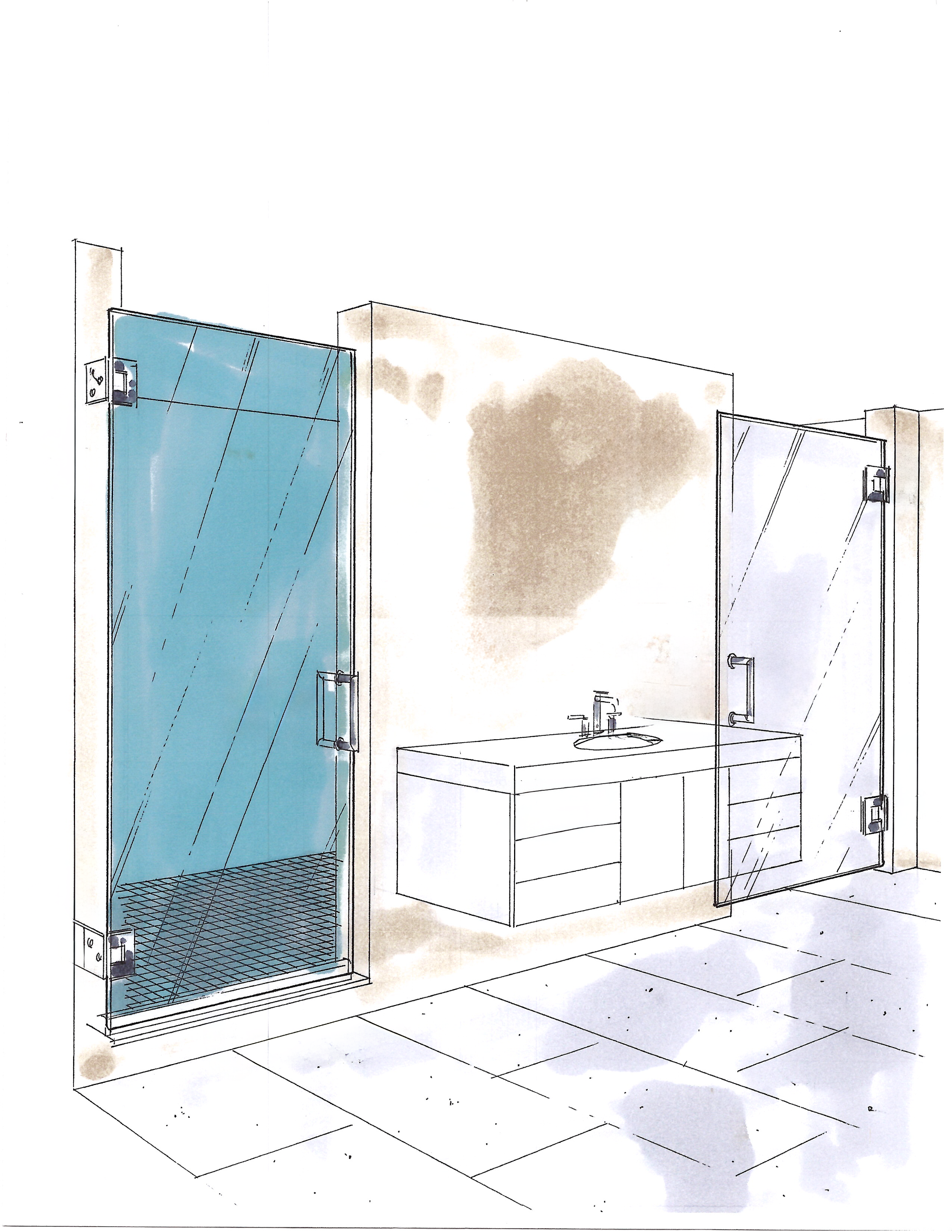 Sketch of a bathroom with two glass shower doors, a sink with a cabinet, and tiled floor.