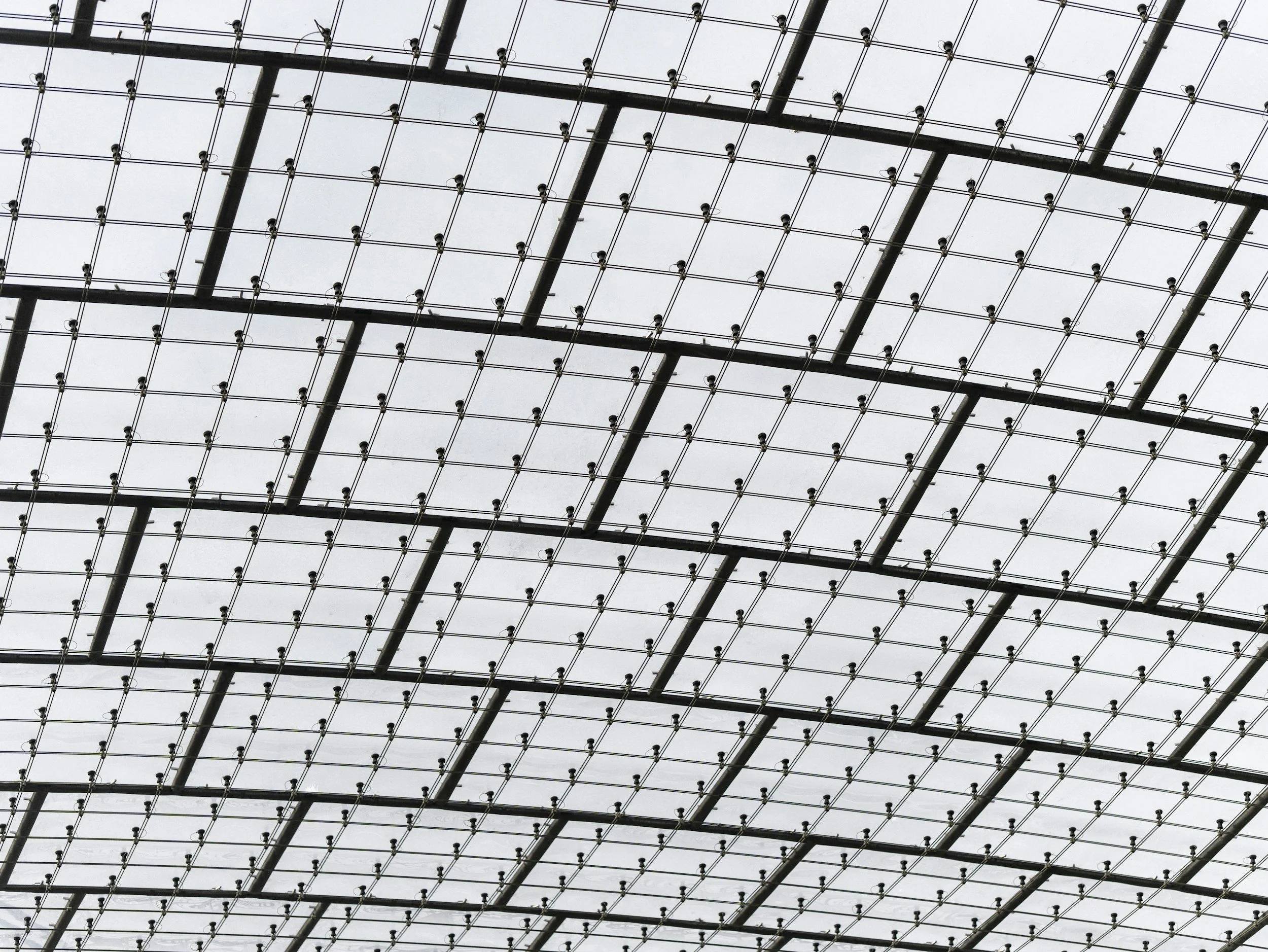 Glass roof with metal grid structure