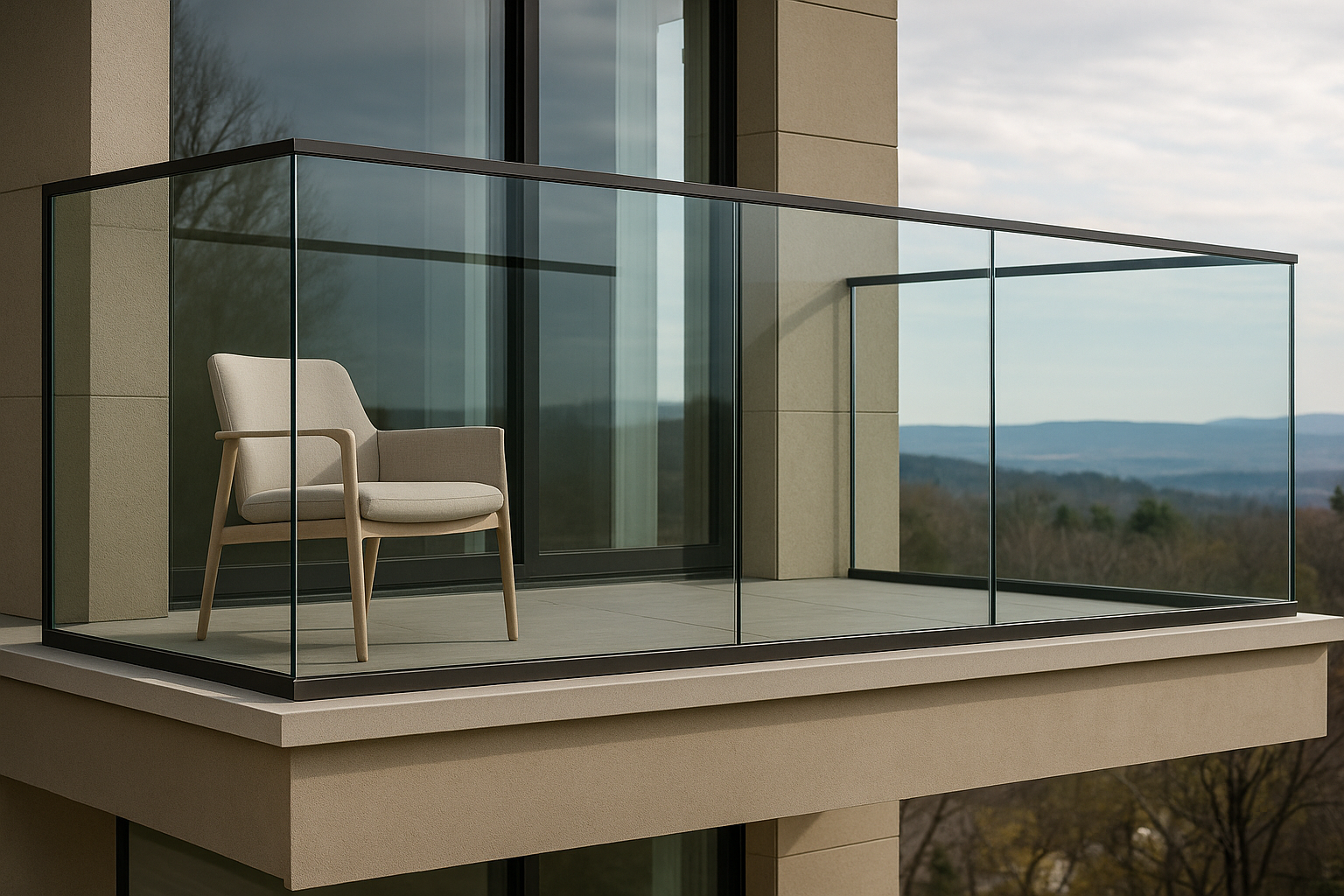 A private balcony with a beige chair, glass railing, and scenic mountain view in the background.