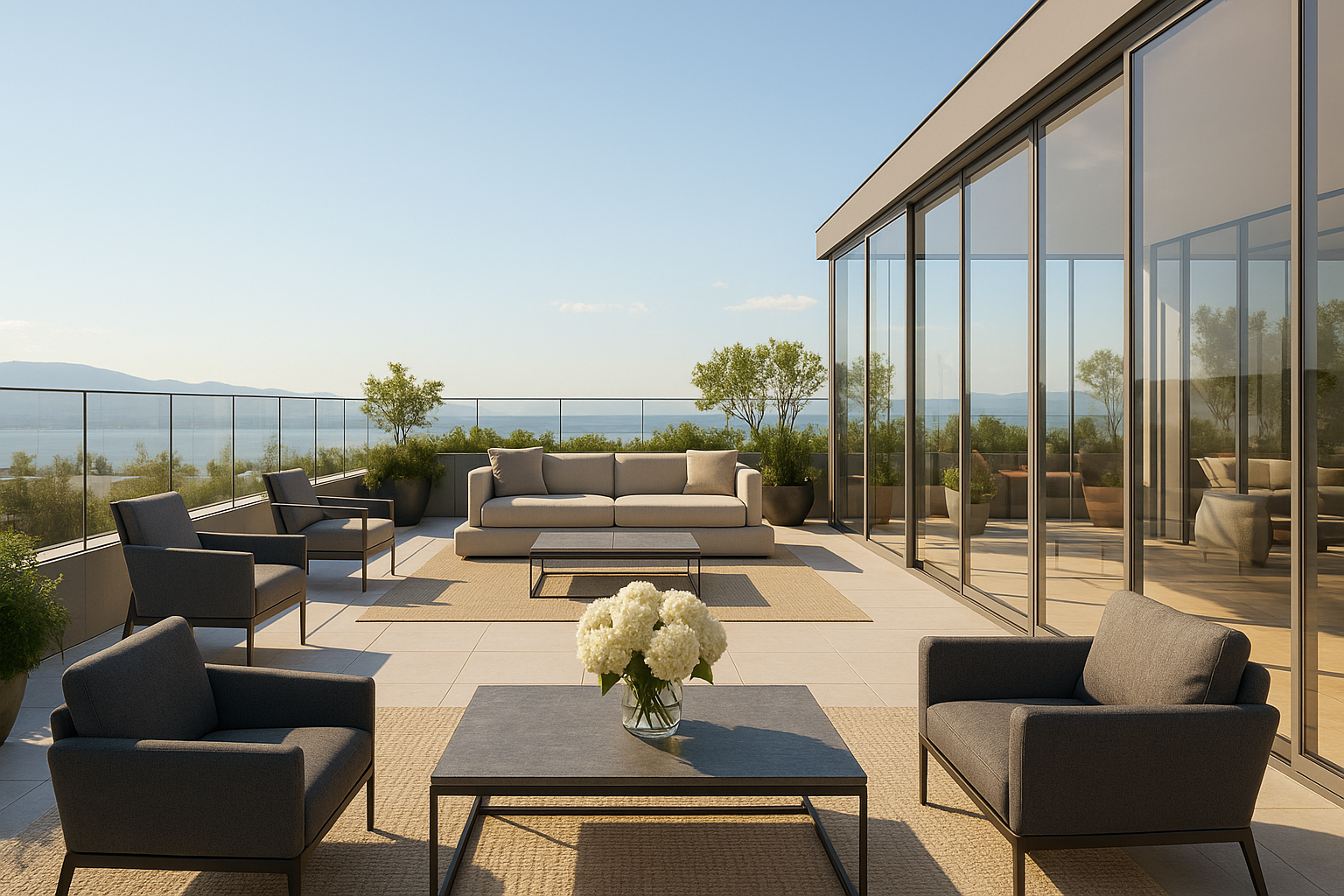 Modern outdoor terrace with seating area, glass railing, potted plants, and a view of water and mountains in the distance.