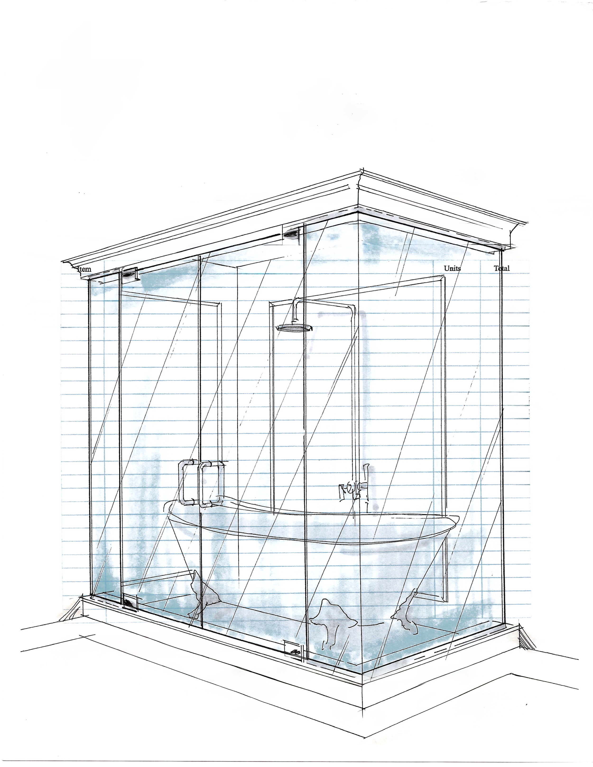 Sketch of a shower enclosure with glass panels, bathtub inside, and plumbing fixtures, drawn on graph paper with blue watercolor accents.