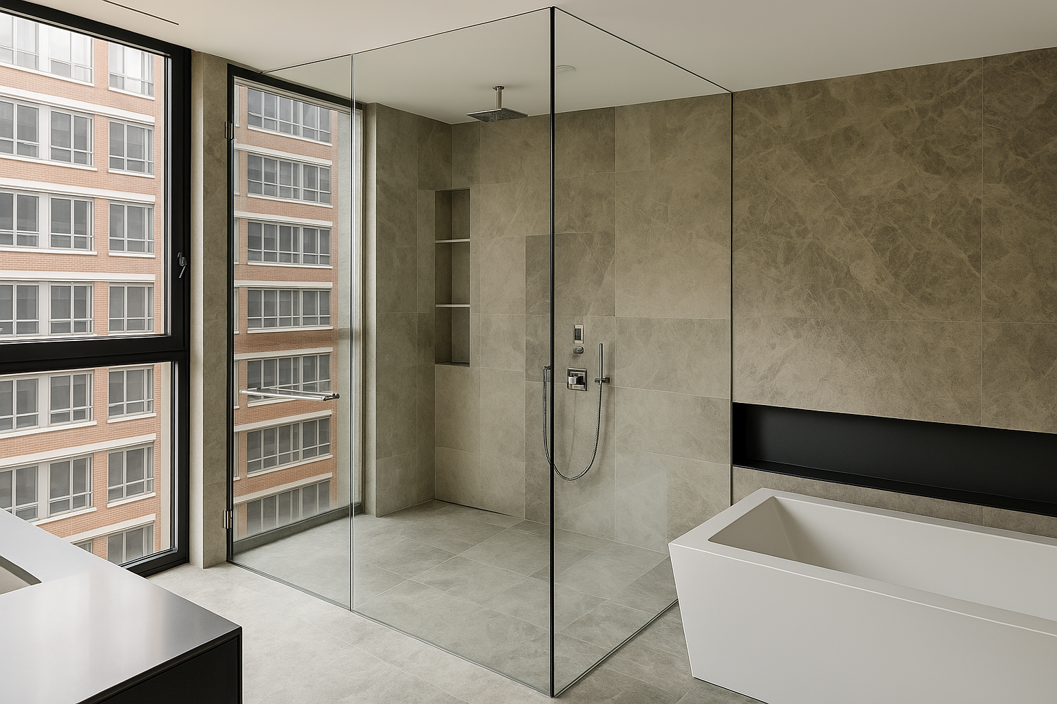 Modern bathroom with glass shower enclosure, freestanding bathtub, and large window with building view.