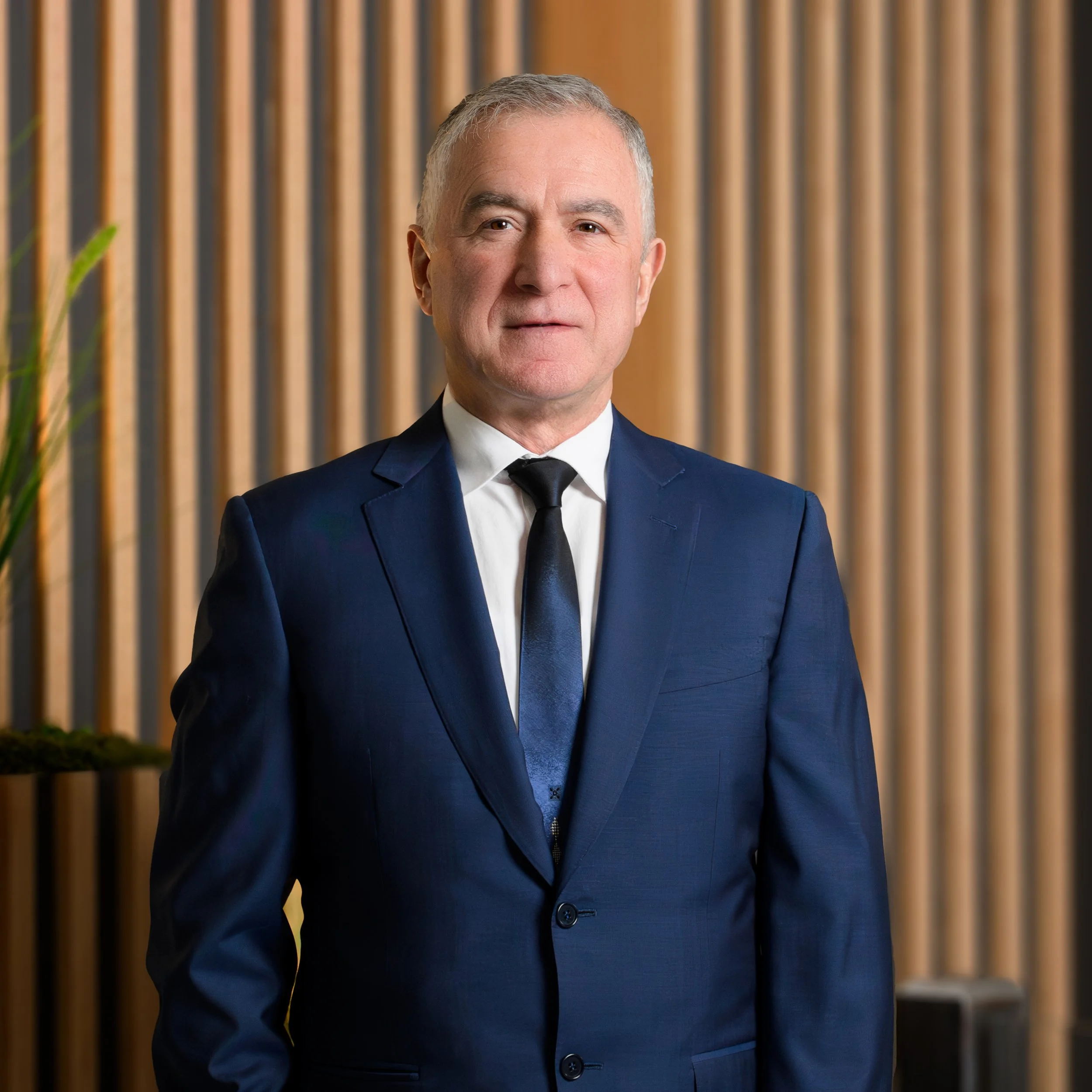 Man in a blue suit and tie standing in front of a wooden striped wall with a plant on the side.