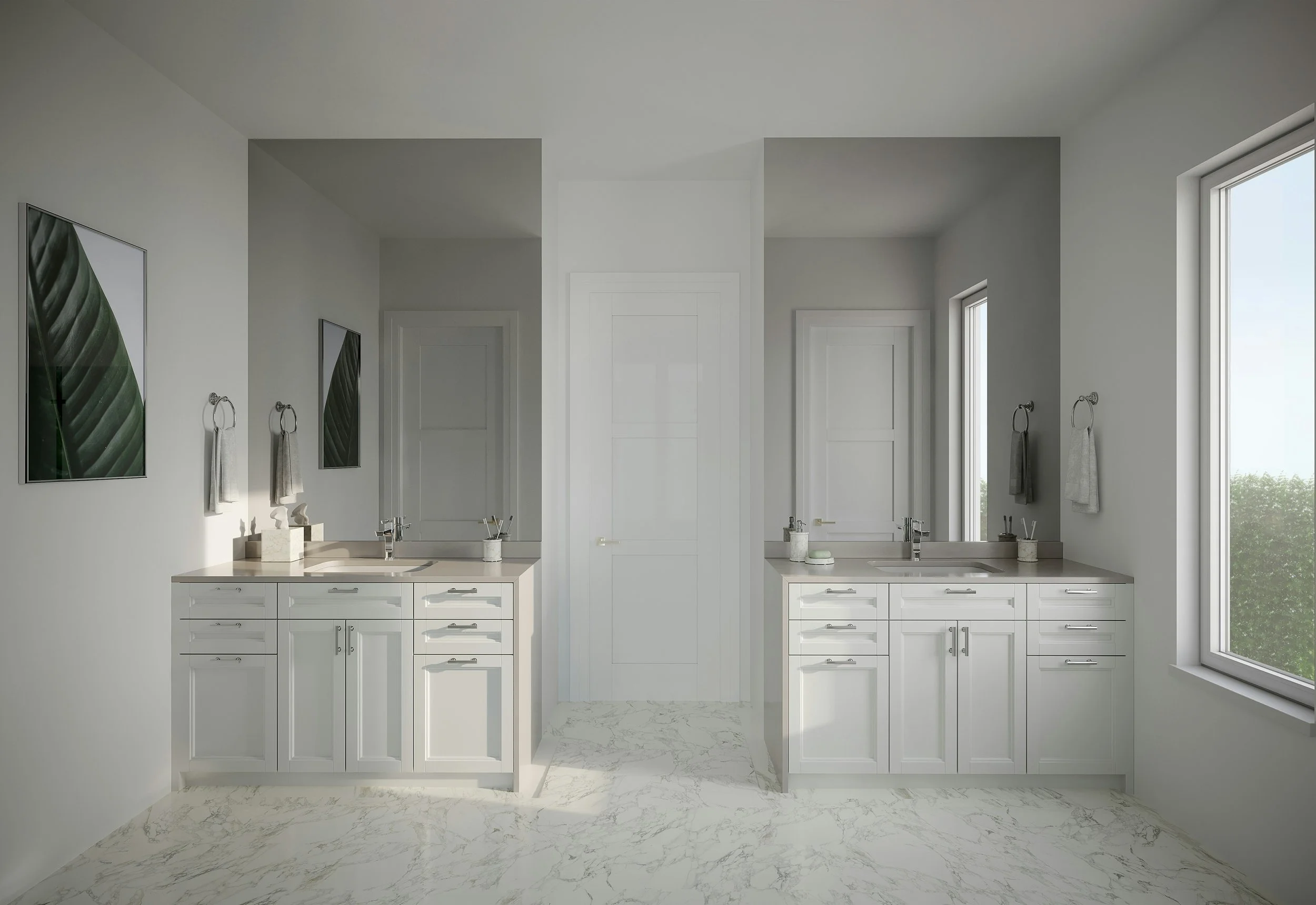Minimalist bathroom interior with double vanities, white cabinetry, large mirrors, and a marble floor, featuring plant artwork.