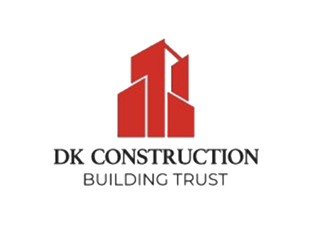 Logo for DK Construction, featuring red stylized buildings with the tagline 'Building Trust' underneath.