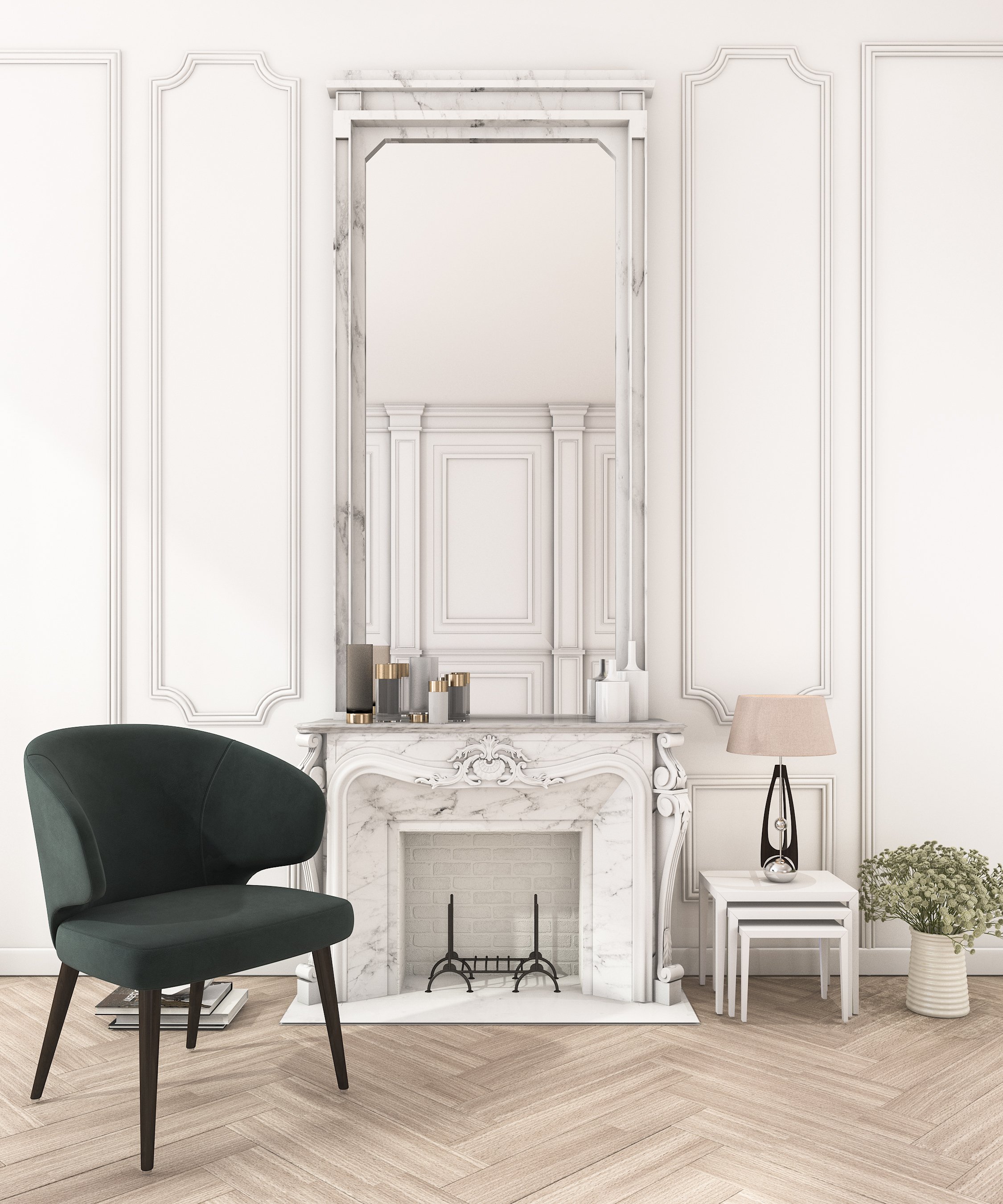Elegant living room with a black chair, decorative white marble fireplace, large mirror, nested side tables with a lamp, and a vase of flowers, all set against ornate white paneled walls and wooden flooring.