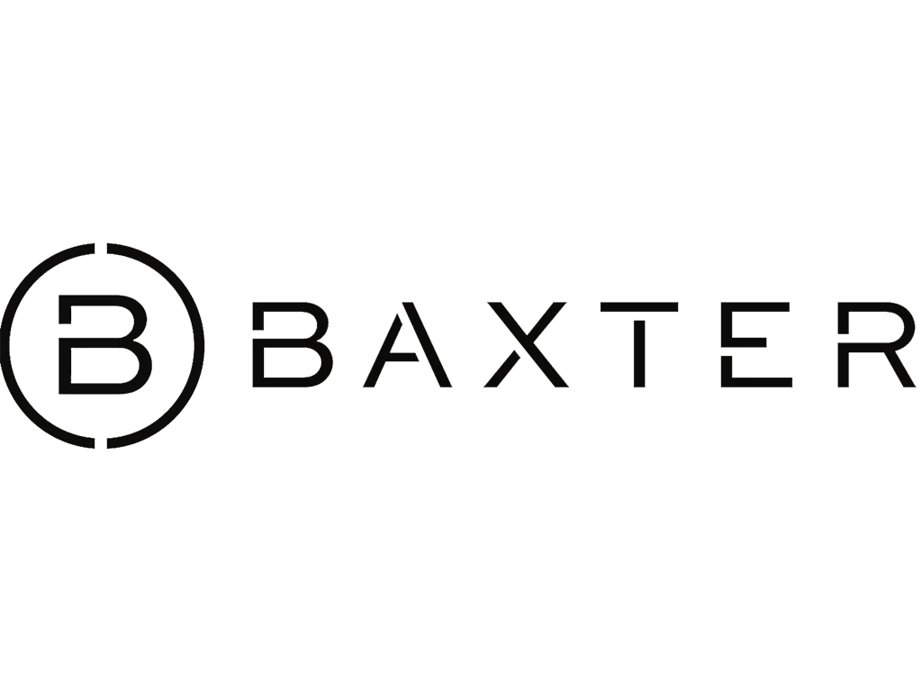 Baxter logo featuring a circular icon with a letter B inside and the word 'Baxter' written in black next to it.