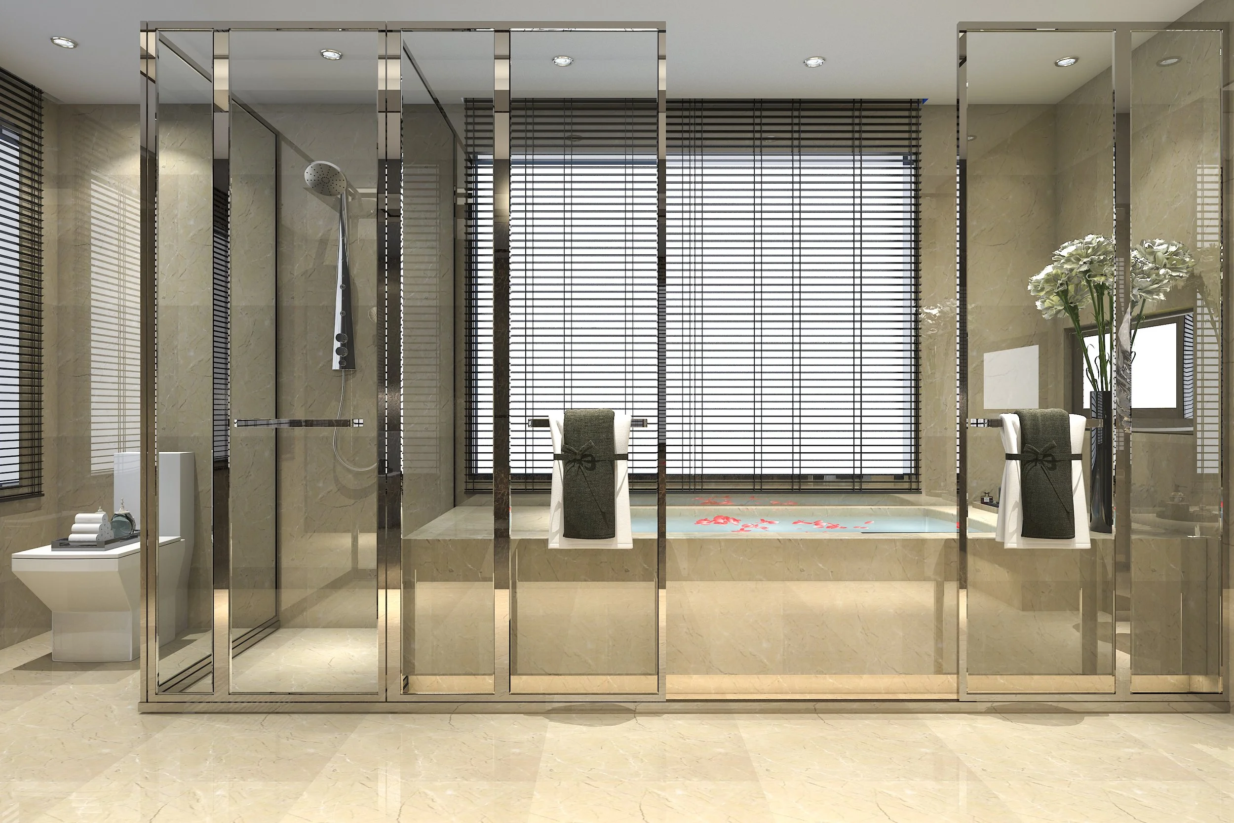 Modern bathroom with glass shower, bathtub, toilet, and decorative plants.