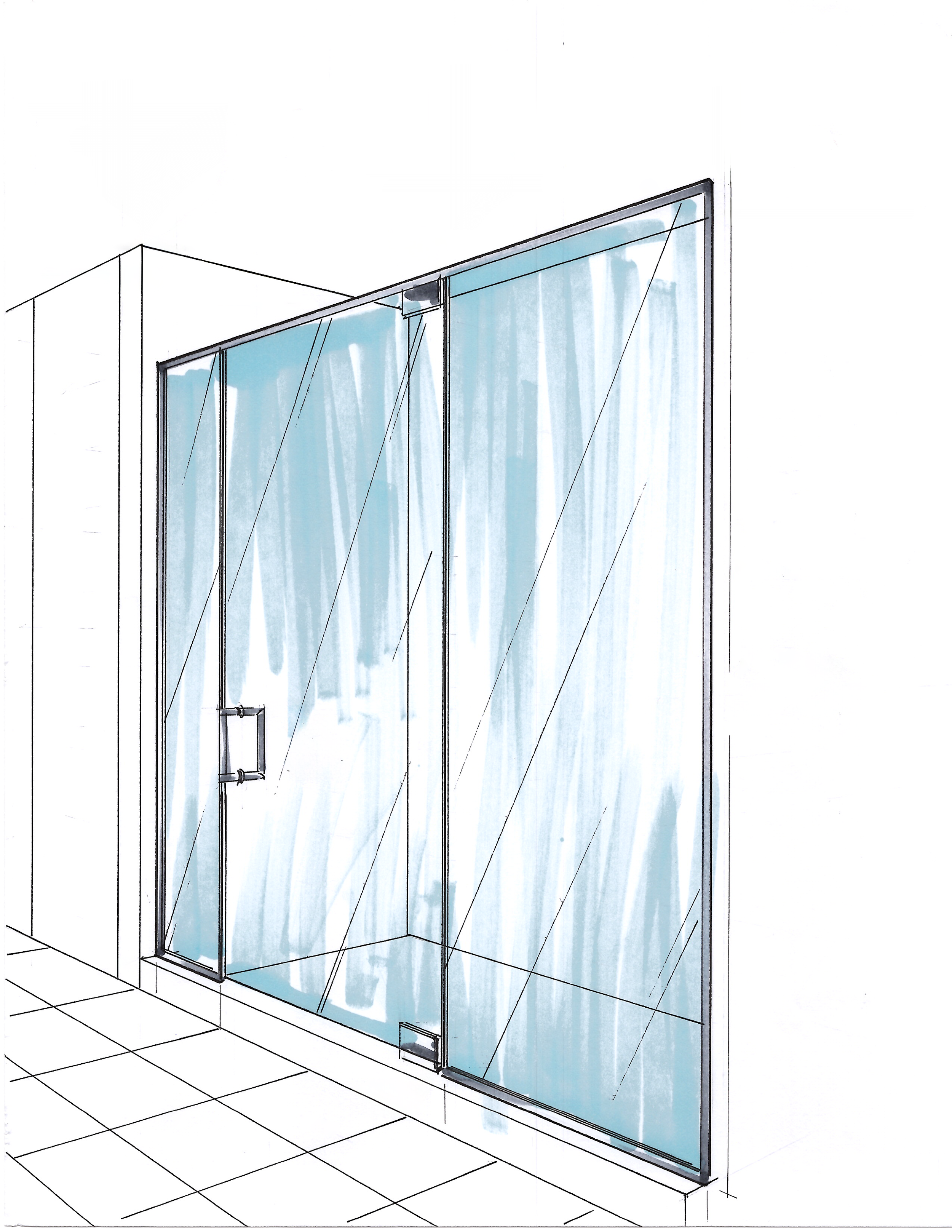Sketch of a glass shower enclosure with sliding doors on a tiled bathroom floor.