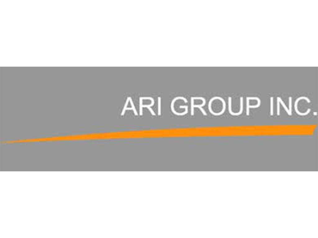 Close-up of a gray Logo with the text 'ARI GROUP INC.' and an orange curved line underneath, against a blue background.