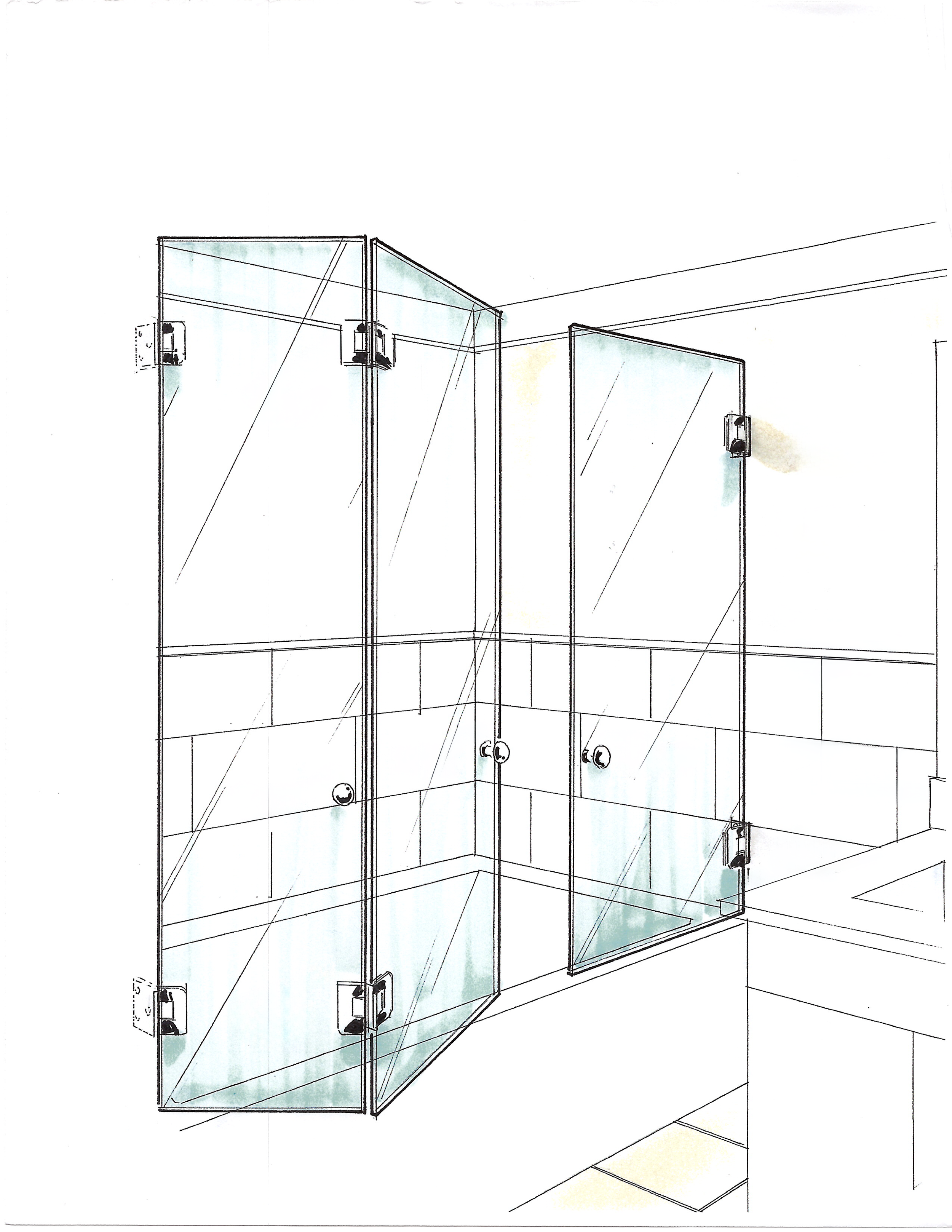 Sketch of a bathroom shower with glass panels and metal hinges.