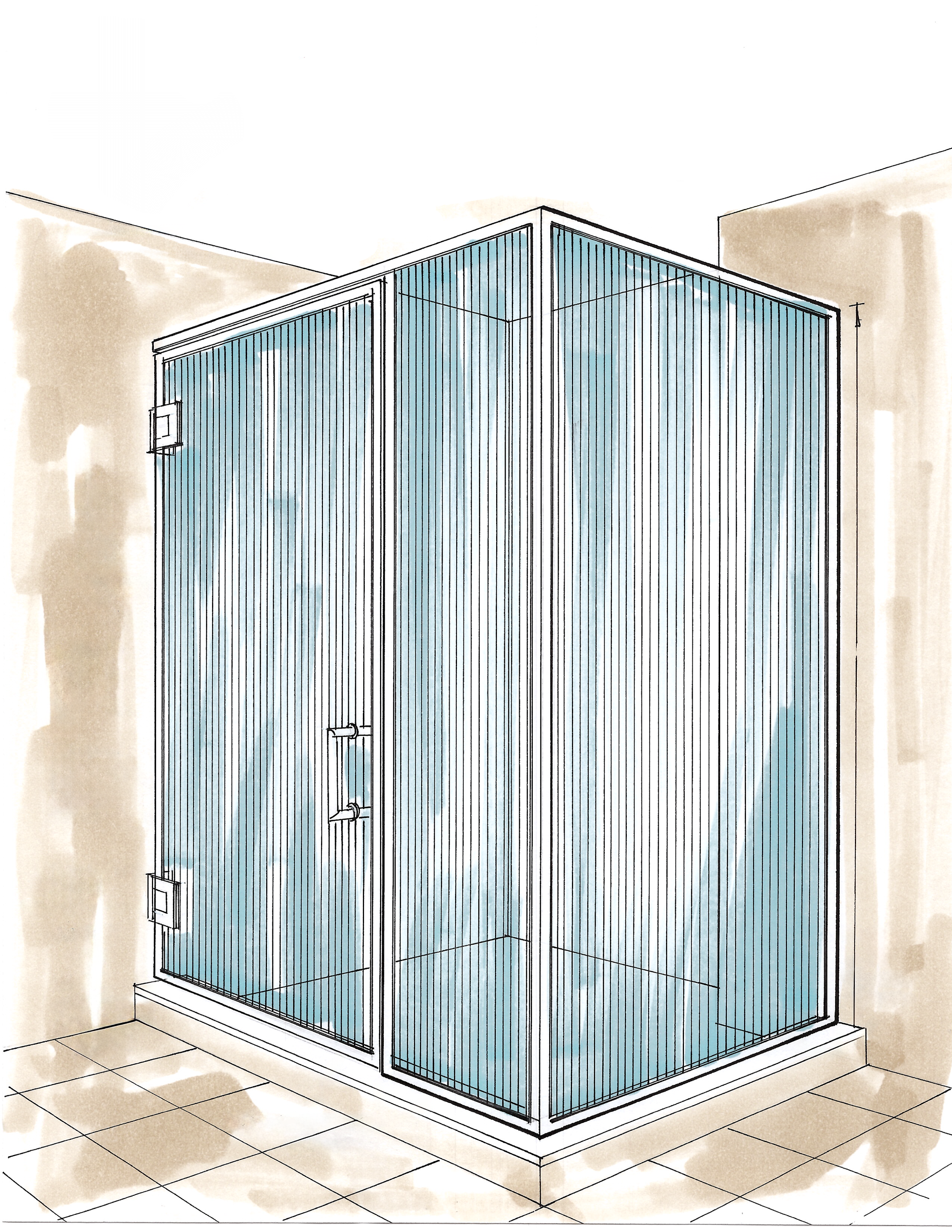 Digital drawing of a glass shower enclosure in a bathroom corner with tiled floor and beige walls.