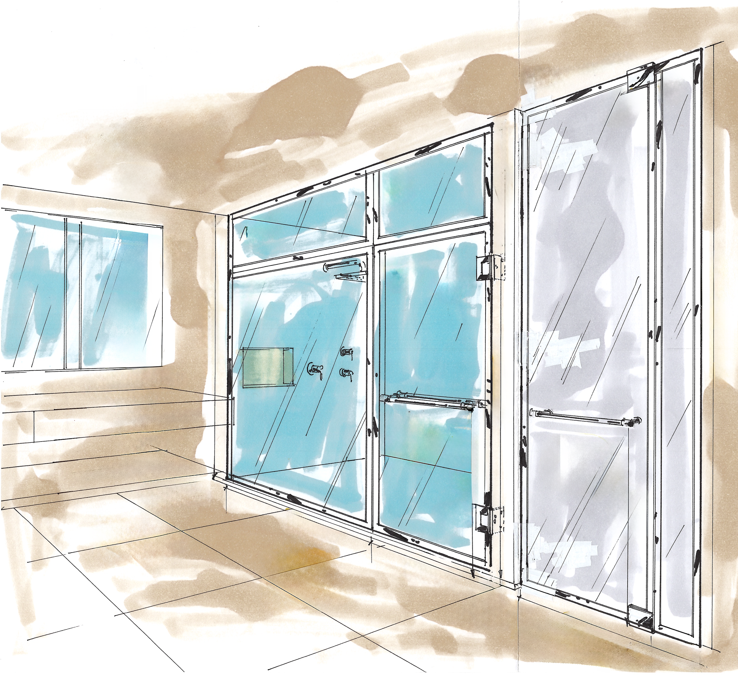 Sketch of a bathroom interior showing a shower stall with glass doors, a window, and a tiled floor.