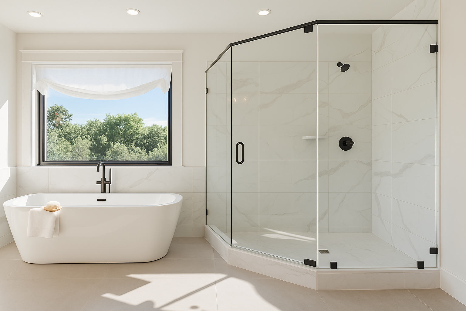 A modern bathroom with a large window overlooking greenery, a white bathtub with a towel, and a glass-enclosed shower with black fixtures on a marble-tiled wall.
