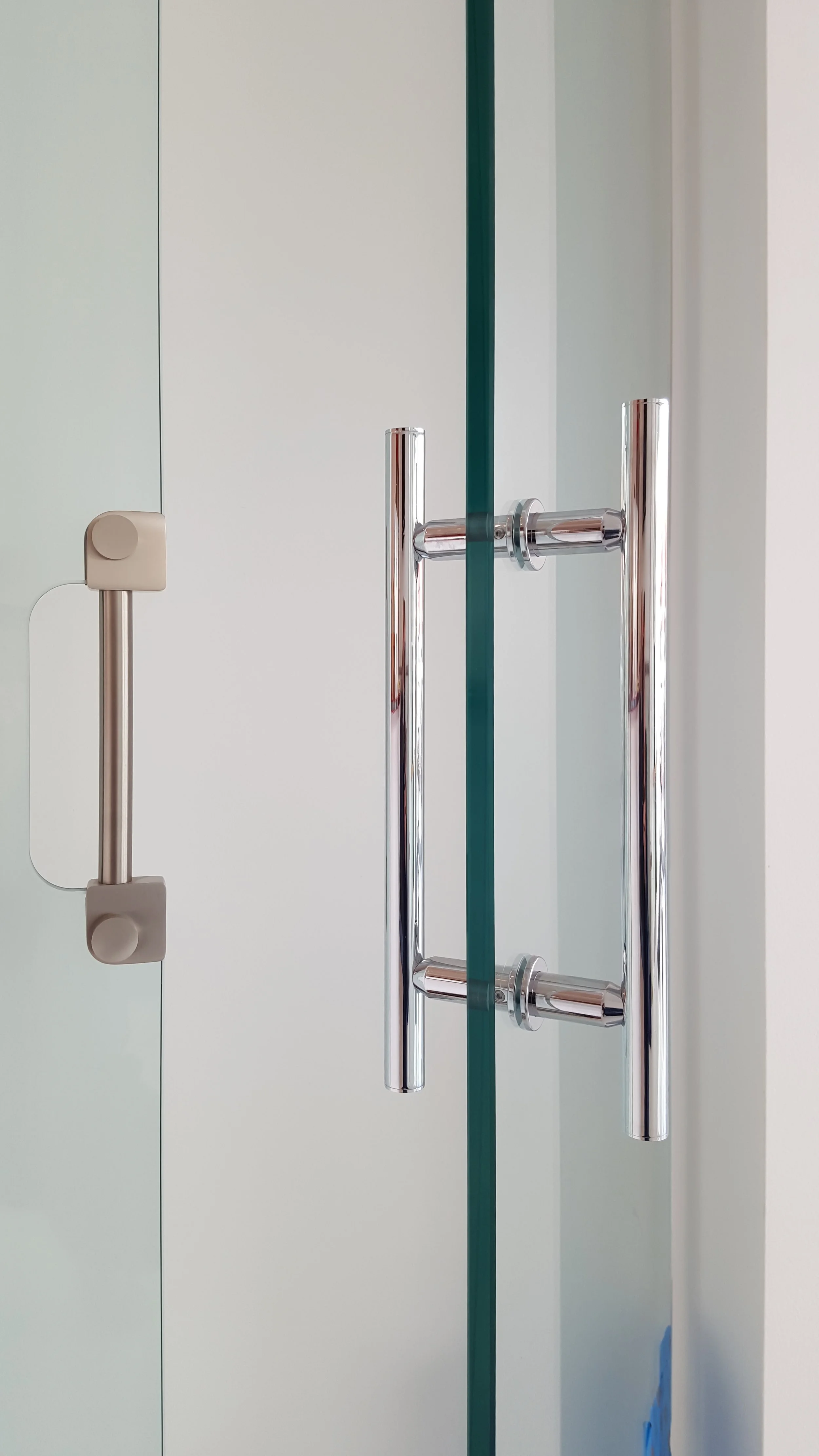 Close-up of a glass door with silver metal handles on each side in a modern design.