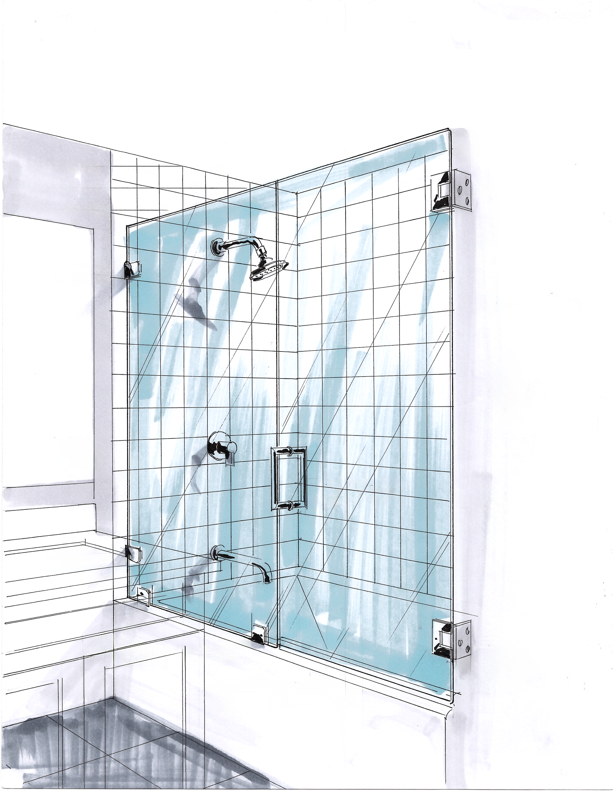 Sketch of a shower area with a glass door, showerhead, and wall-mounted fixtures in a bathroom.