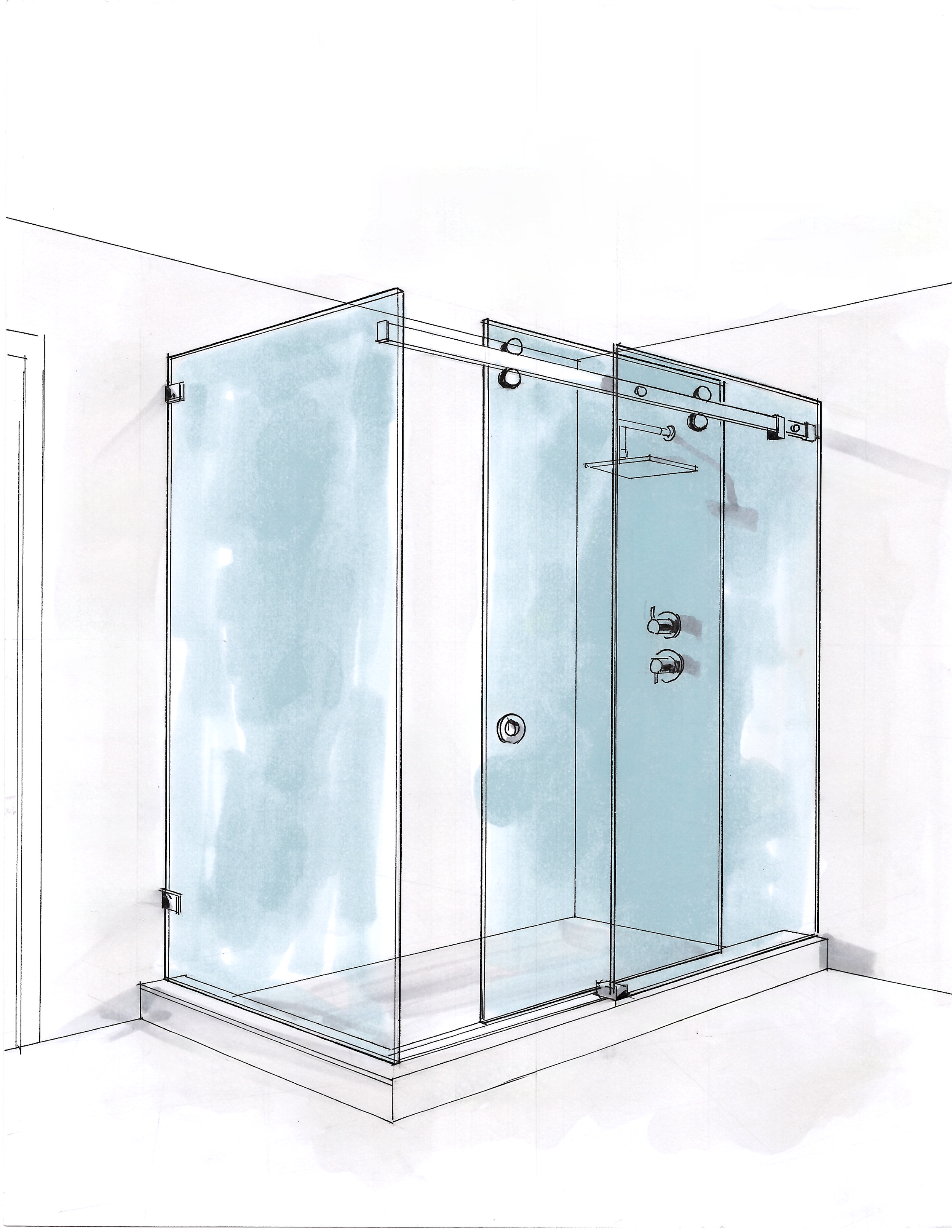 Sketch of a glass shower enclosure with sliding doors, featuring hardware details and shower fixtures.