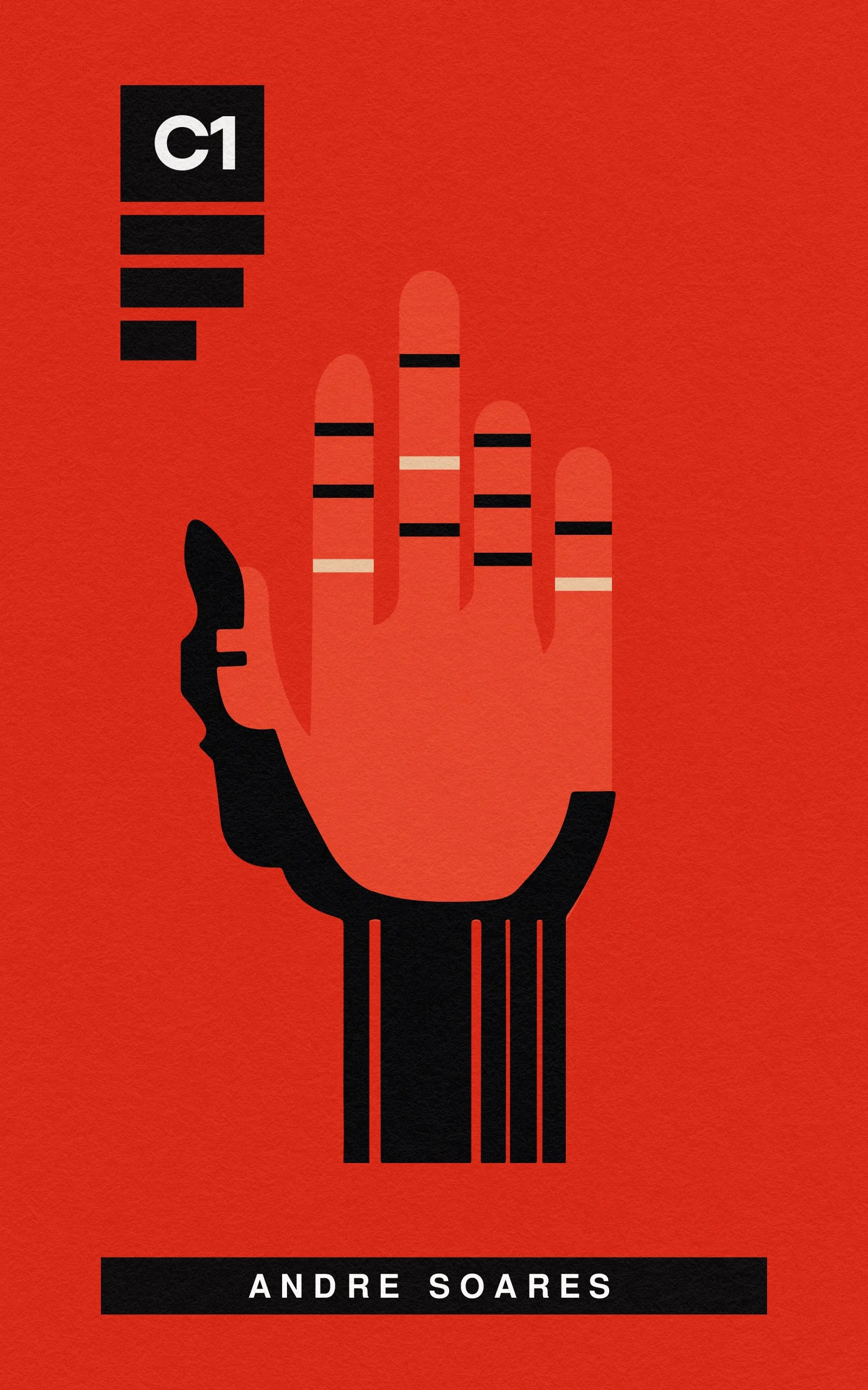 Minimalist red book cover for the sci-fi novel C1 by Andre Soares, featuring a stylized raised hand with barcode-like markings.