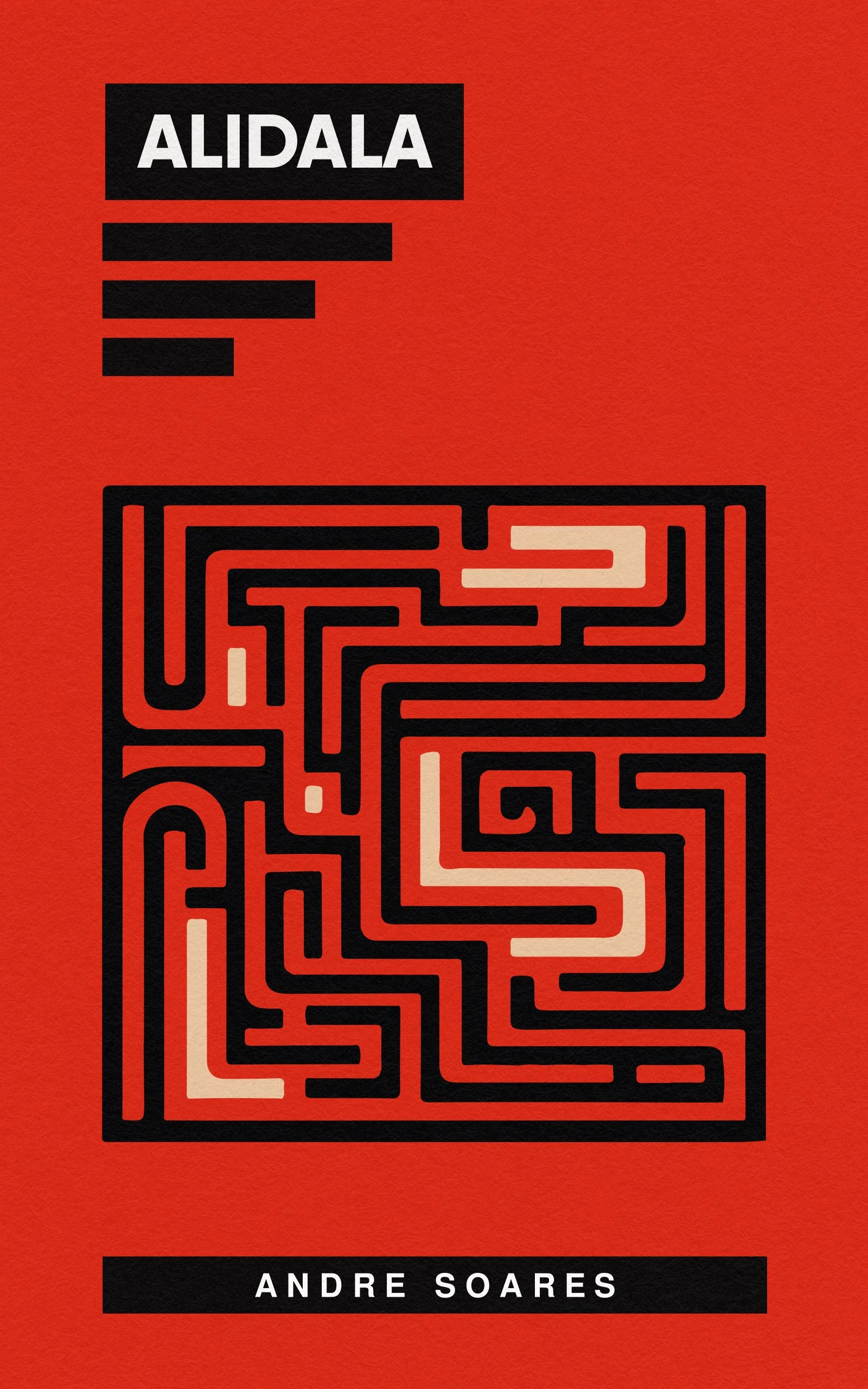 Minimalist red book cover for the sci-fi thriller Alidala by Andre Soares, featuring a bold black and cream geometric maze design.